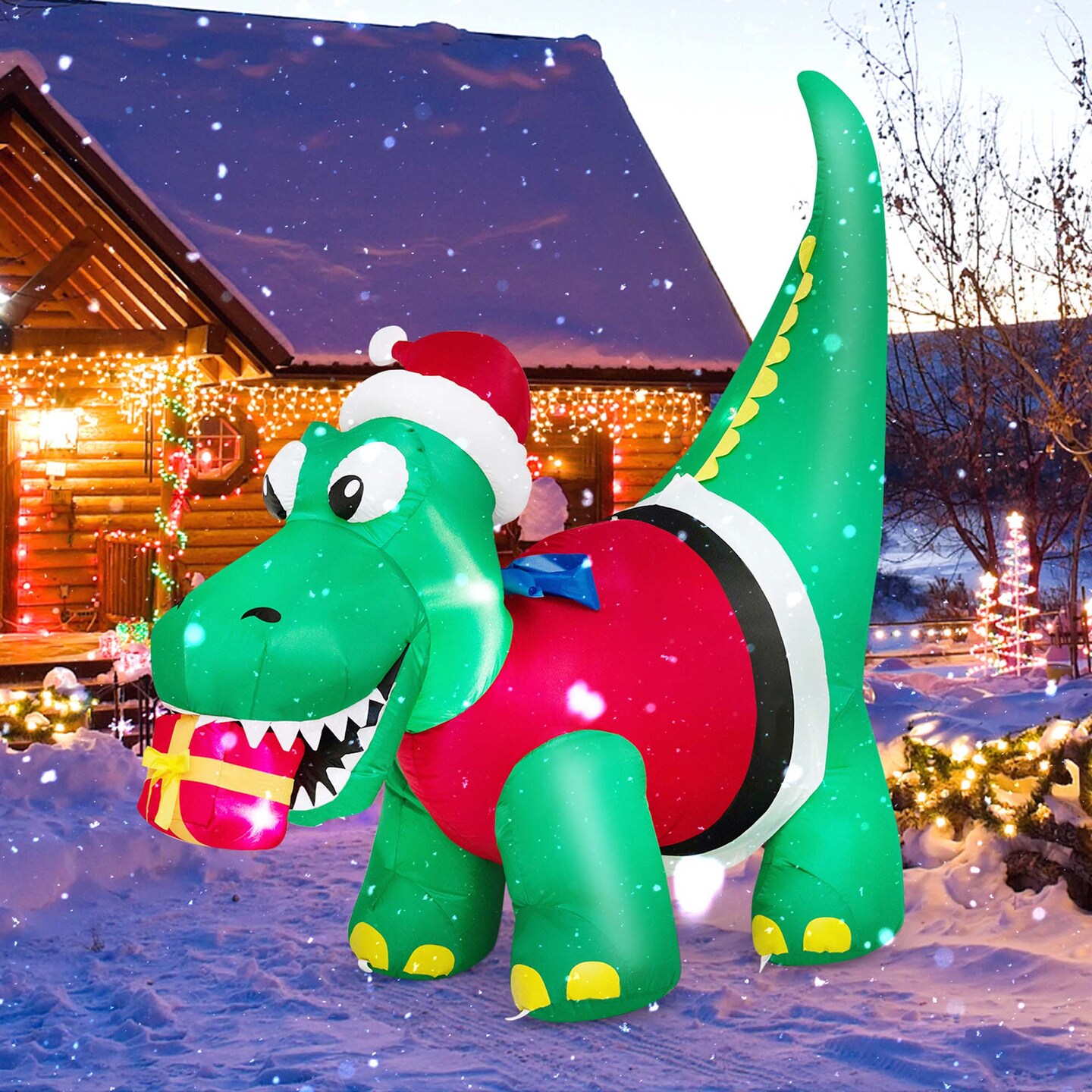 Costway 6FT Inflatable Christmas Dinosaur with LED Lights Gift Box &#x26; Blower Party Yard