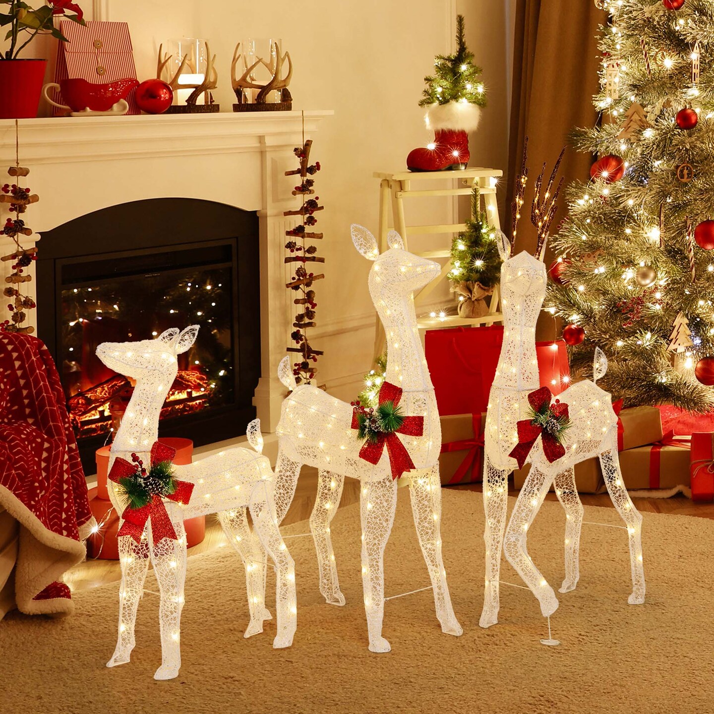 Costway 3 PCS Pre-lit Christmas Reindeer Family 3D Lighted Glitter Deer Xmas Decoration