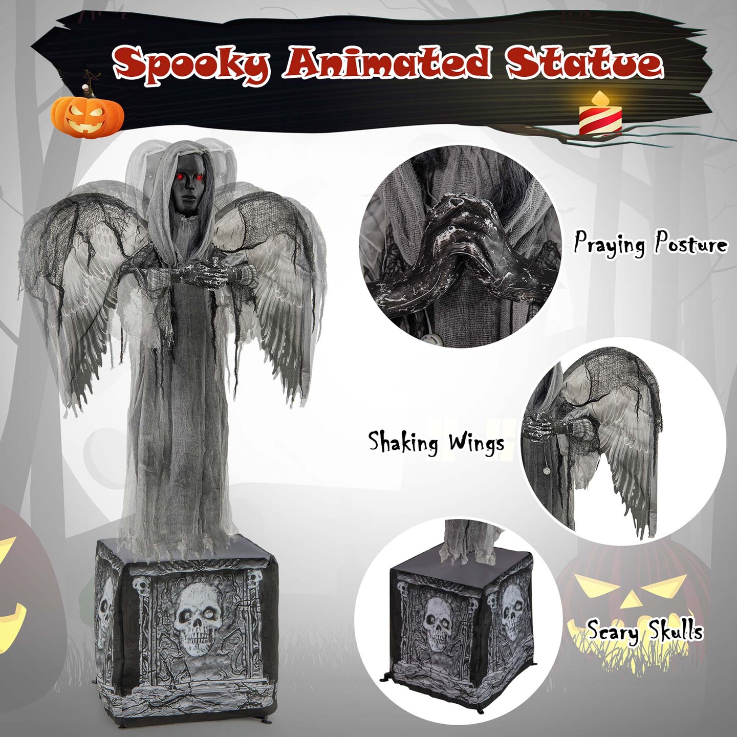 Costway 5.5ft Halloween Animatronic Decoration Animated Praying Angel Statue with Light Up Eyes &#x26; Shaking Wings