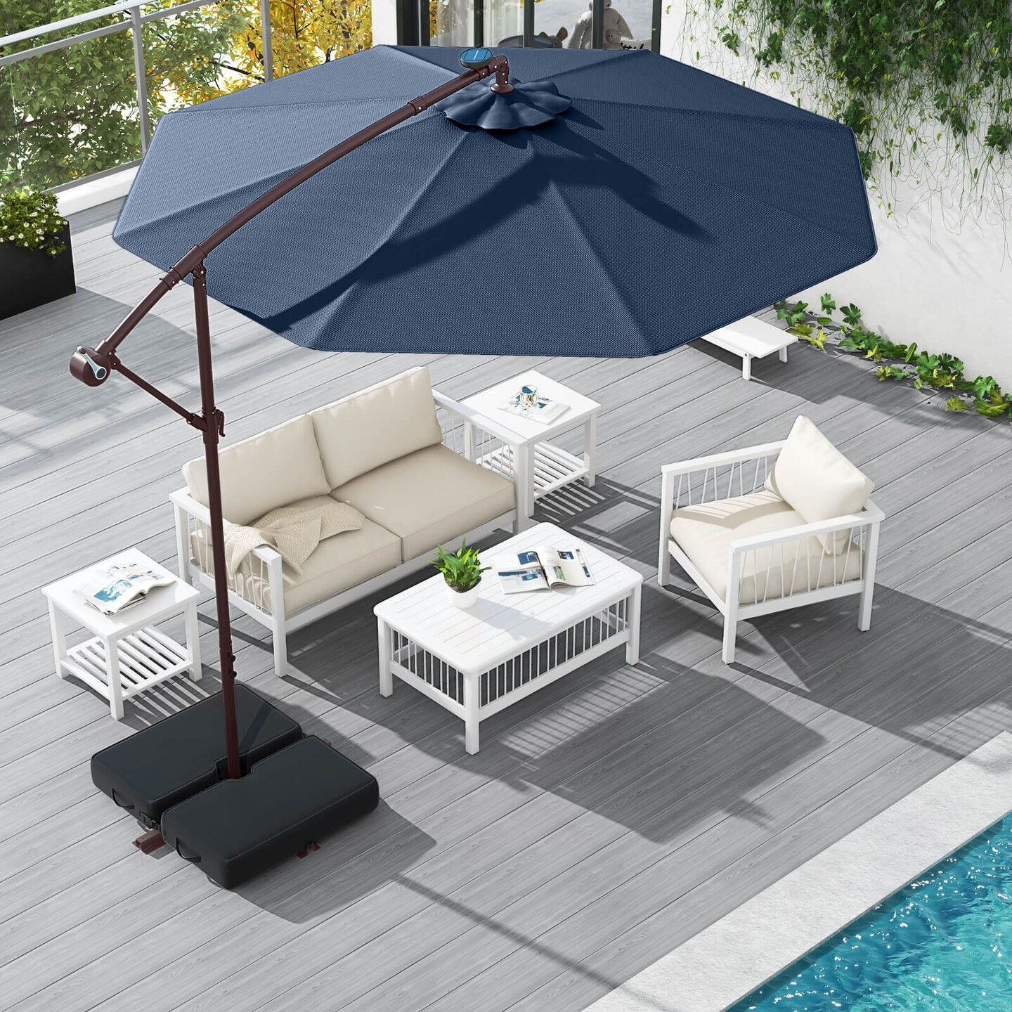 Costway Patio 10FT Hanging Offset Umbrella 32 LED Lights Sand Bag Outdoor Cross Base Beige/Turquoise/Dark Gray/Wine/Coffee/Navy