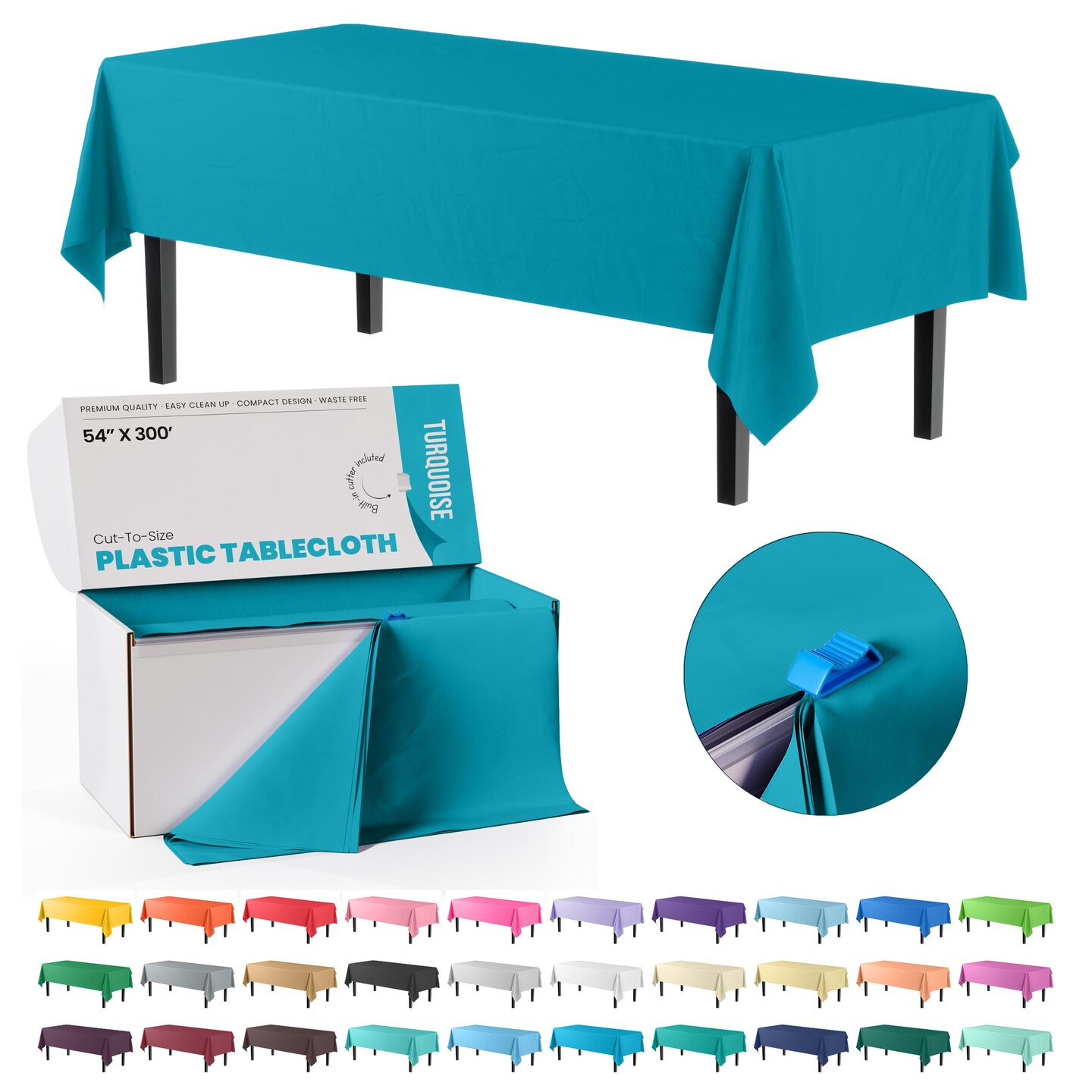 Party Solids 54" x 300' Plastic Table Cover Roll with Slide Cutter – Cut-to-Size Dispenser Box – Makes Up to 36 Disposable 8' Rectangle Tablecloths by Exquisite