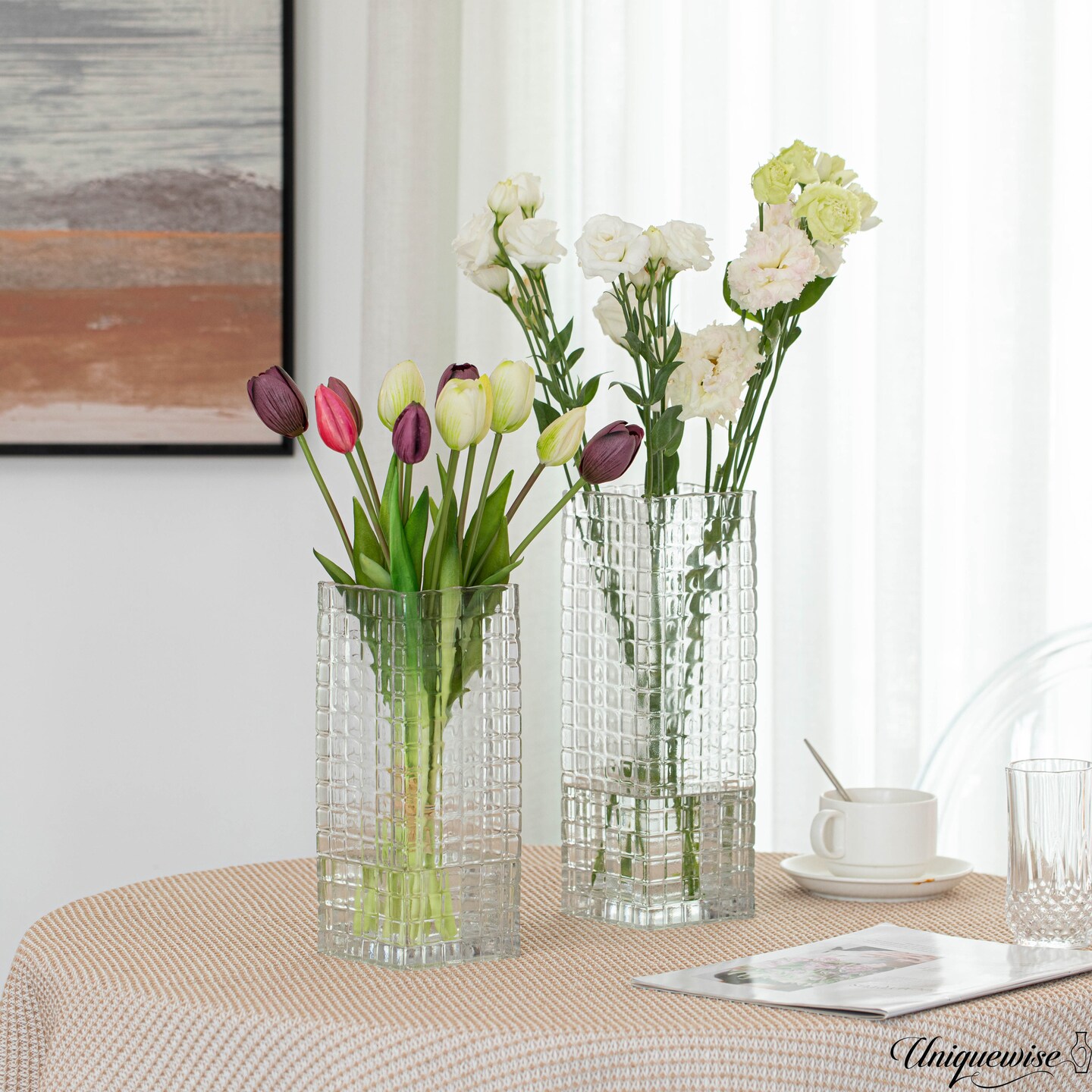 Set of 2 Square Frosted Clear Glass Table Vase - A Timeless Centerpiece for Dining Tables, Living Rooms, Bedrooms, Hotel Reception Areas and Conference Rooms, Ideal for Weddings and Special Occassions