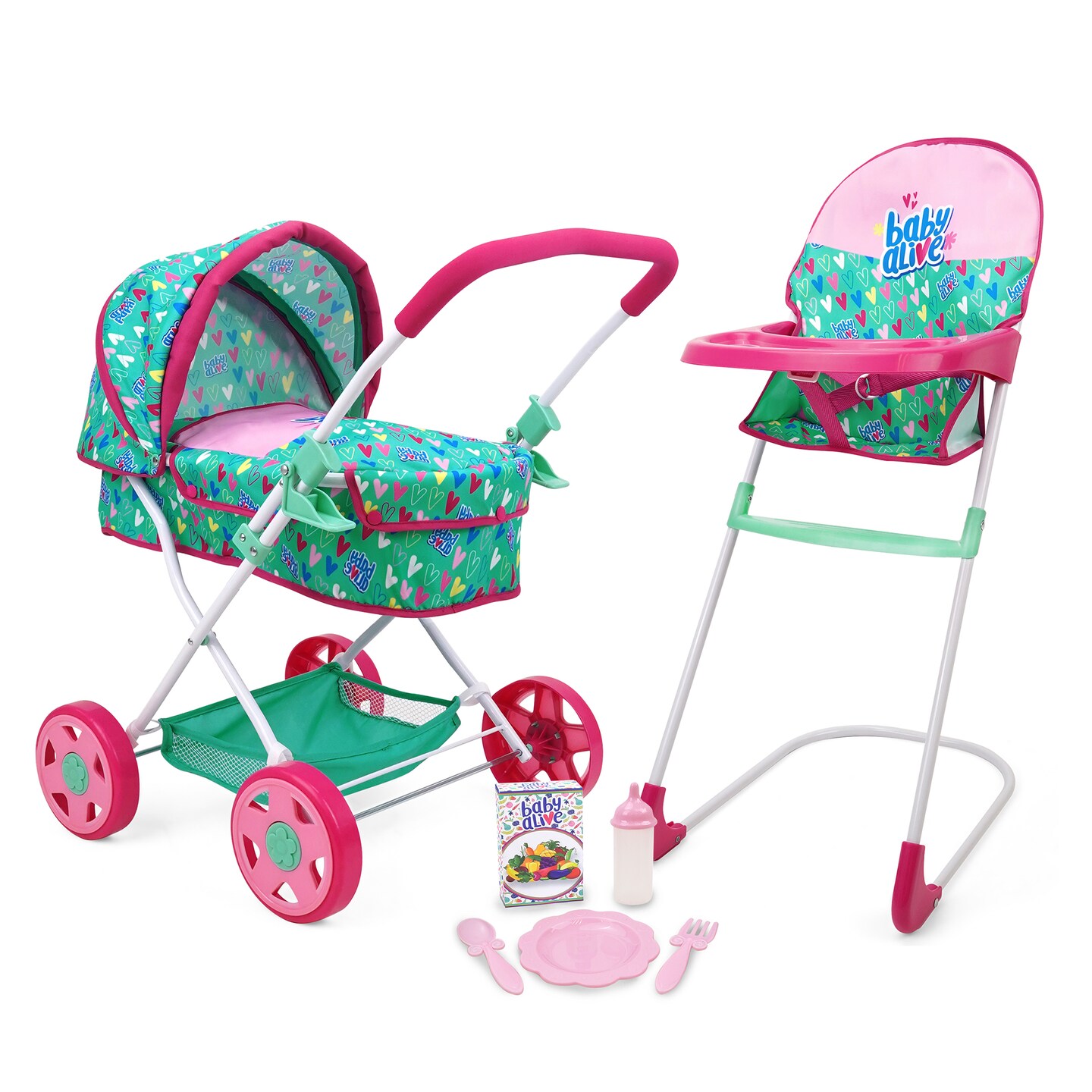 Baby Alive: Travel N&#x27; Feed Set - 7pcs - Green, Pink, Hearts - Stroller, Highchair, Bag, Feeding Accessories, Set For Dolls Up To 18&#x22;