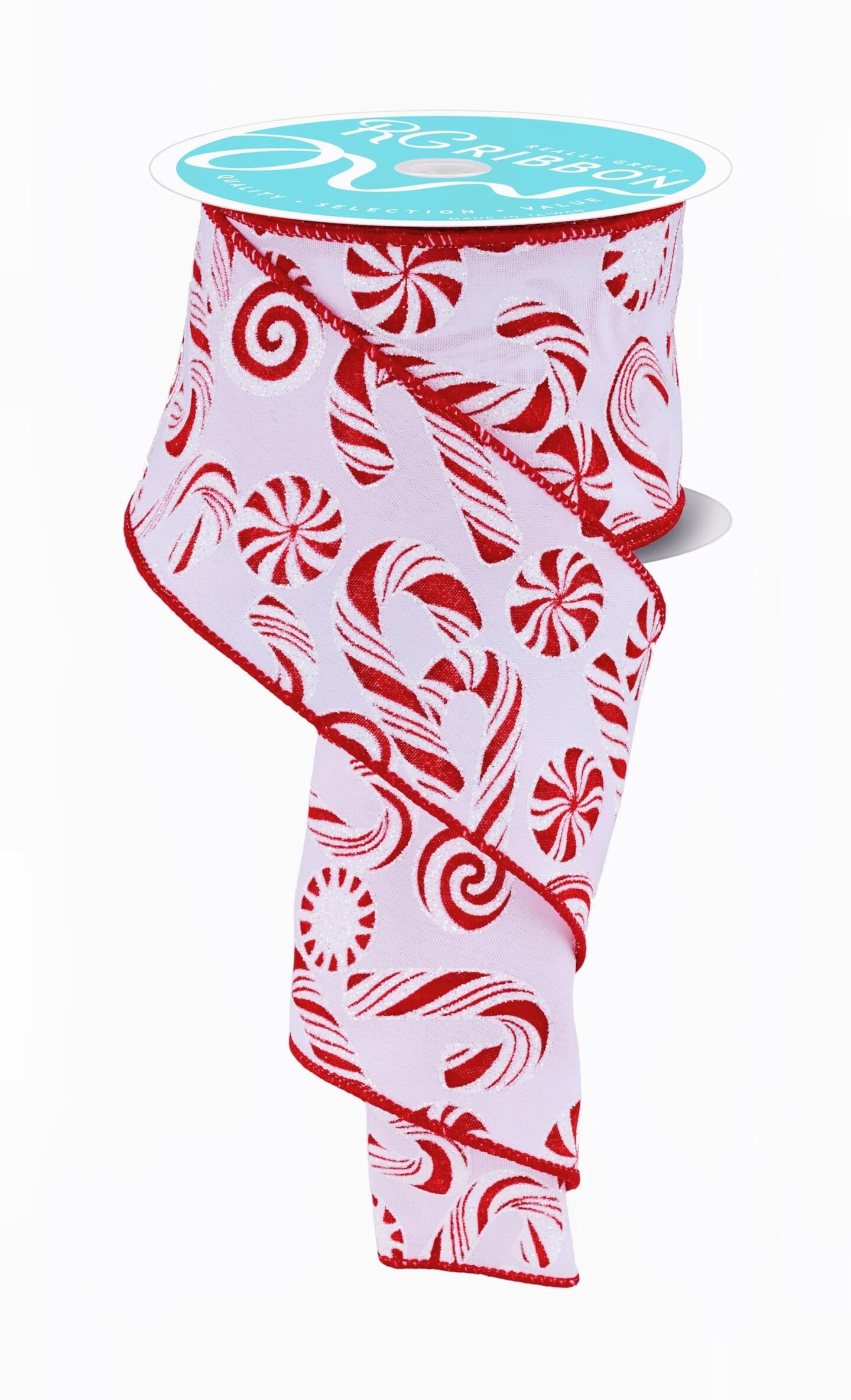 RG Ribbon: 2.5" Peppermints and Candy Canes Wired Ribbon - 10 Yards - White, Red - For Christmas Bows, Wreaths, Crafts and Decorations