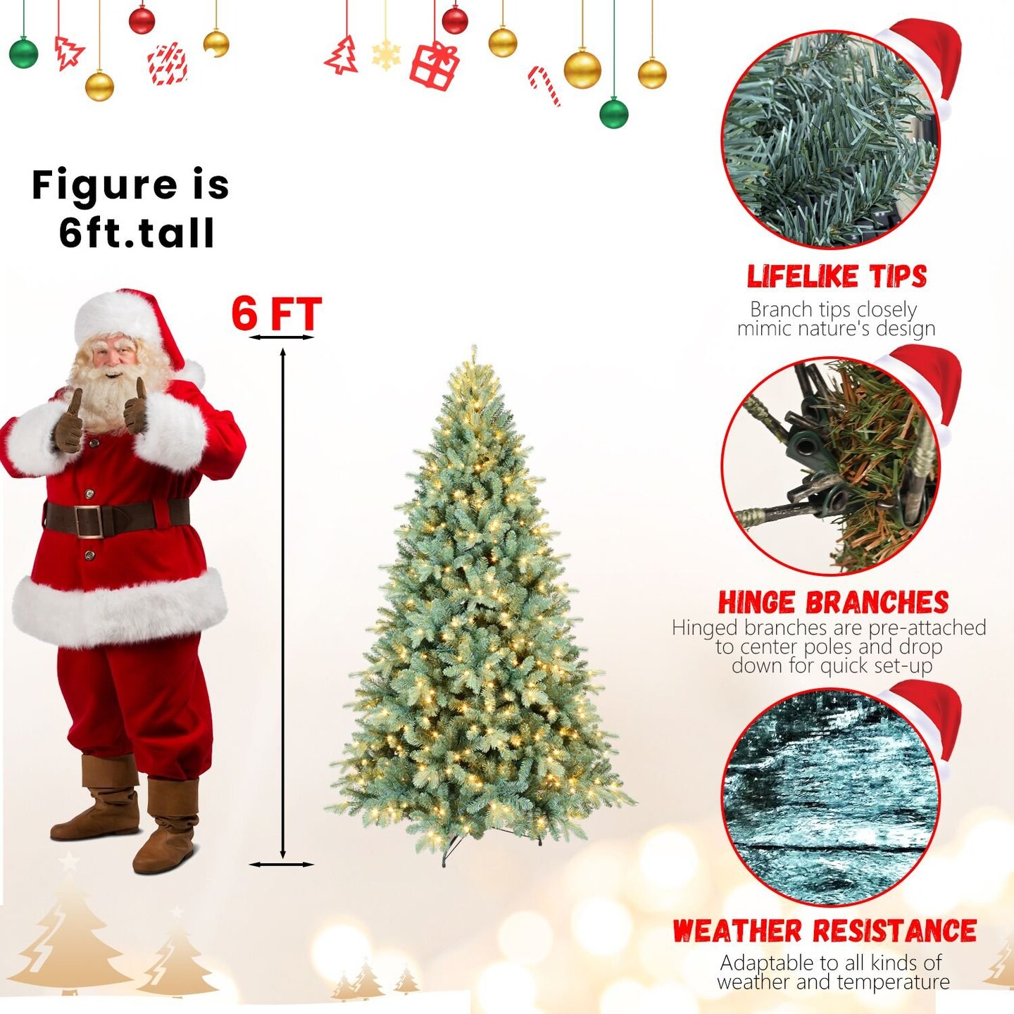 Edge Collections - 6' - Green - Fluffy Pre-Lit Artificial Christmas Tree for Festive Decoration - 1 Piece
