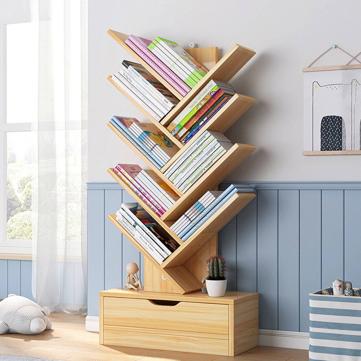 Modern Book Shelf Strong Bearing Capacity Space Saving With Drawer Book Storage 8-Tier Wooden Tree Bookshelf Living Room