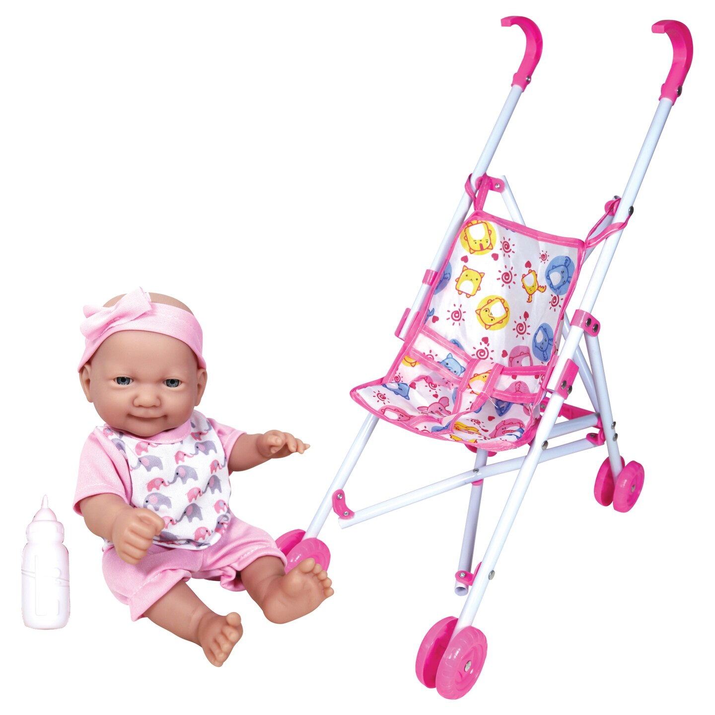 Lissi: 10&#x22; Baby Doll &#x26; Umbrella Stroller Set - Pink, White, Animal - Travel Playset, Foldable &#x26; Lightweight Design, Toy, Kids &#x26; Toddlers Ages 2+