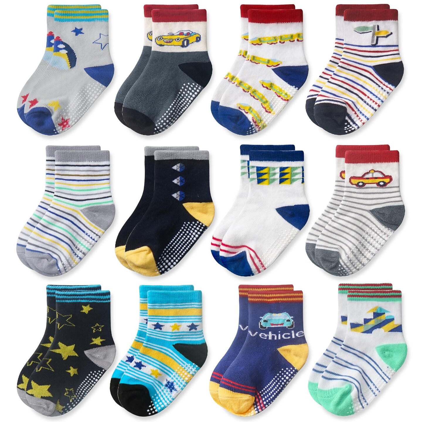 CozyWay Toddler Boy Socks With Grippers Non Slip Crew Grip Socks for Boys Soft Comfy Cotton - 1T-3T Multi Color Cars - 12 Pack