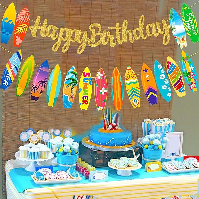 Surfing Happy Birthday Banner Surf Party Supplies Surfing Party Decorations Glitter Surfboard Banner for Summer Hawaiian Beach Birthday Decoration Swimming Pool Hawaii Party Supplies