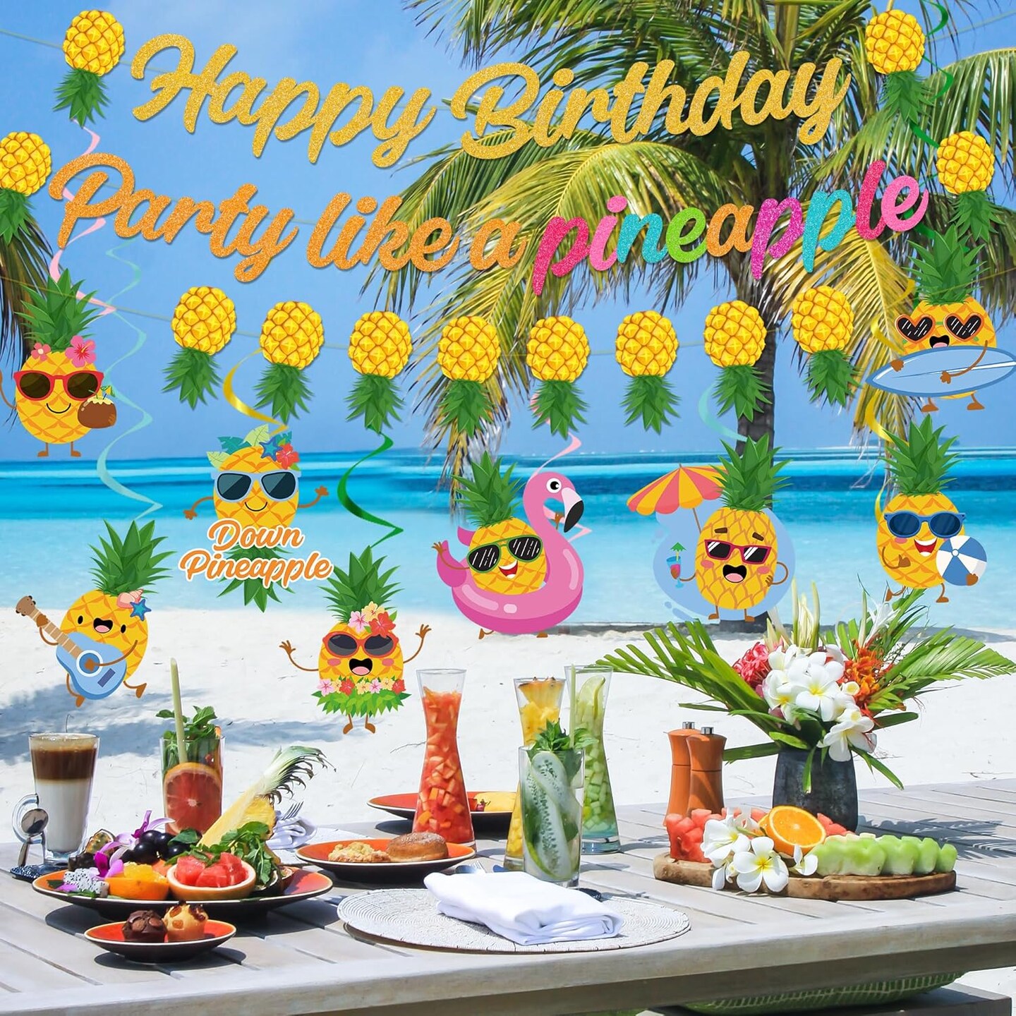 Pineapple Birthday Banner Decorations - Party Like A Pineapple Happy Birthday Banner with Hanging Swirl Tropical Party Decor for Summer Aloha Luau Hawaiian Birthday Party Supplies, Yellow