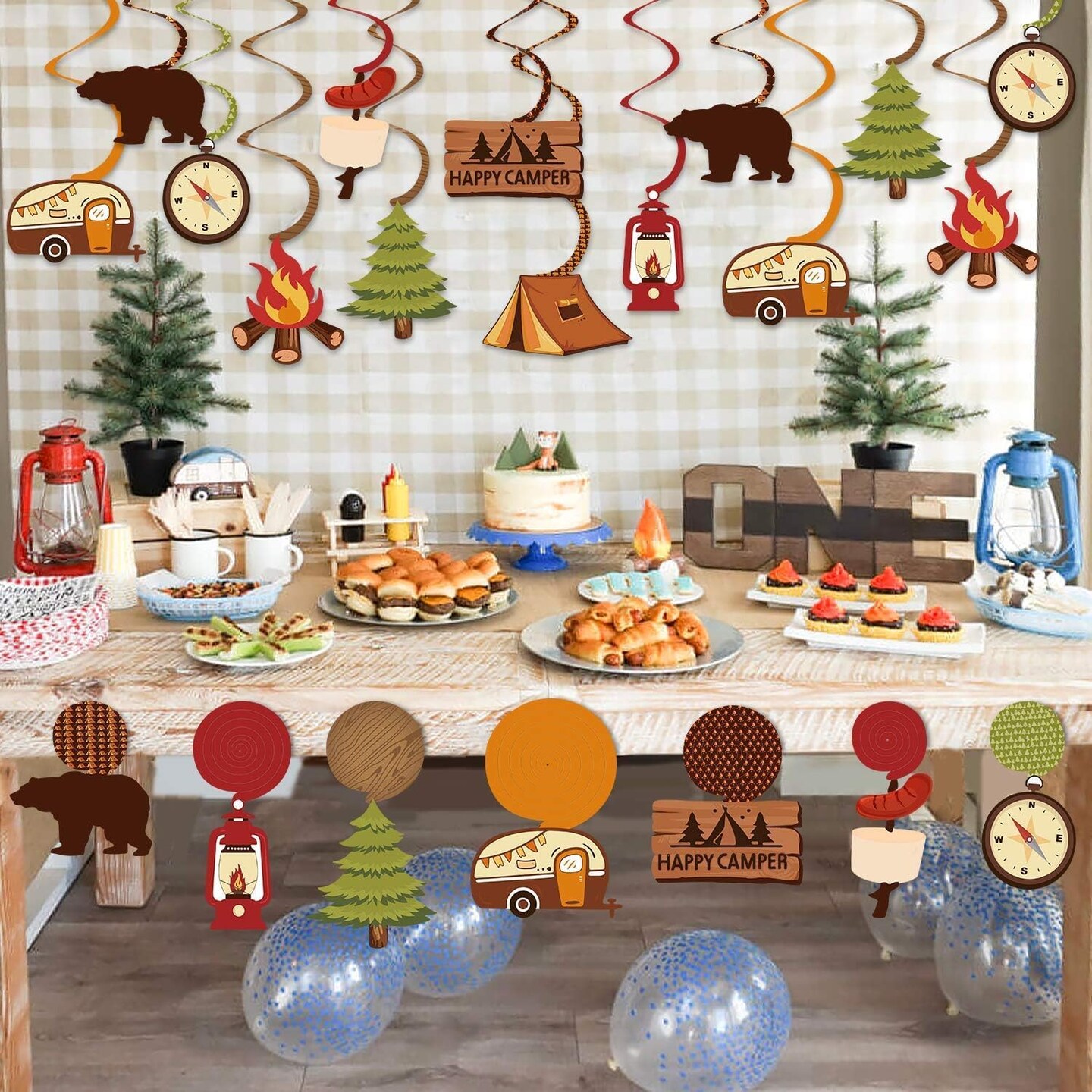 Summer Happy Camper Party Hanging Swirls Decoration Camping Kids Birthday Photo Props Ideas Tent Cutouts Adventure