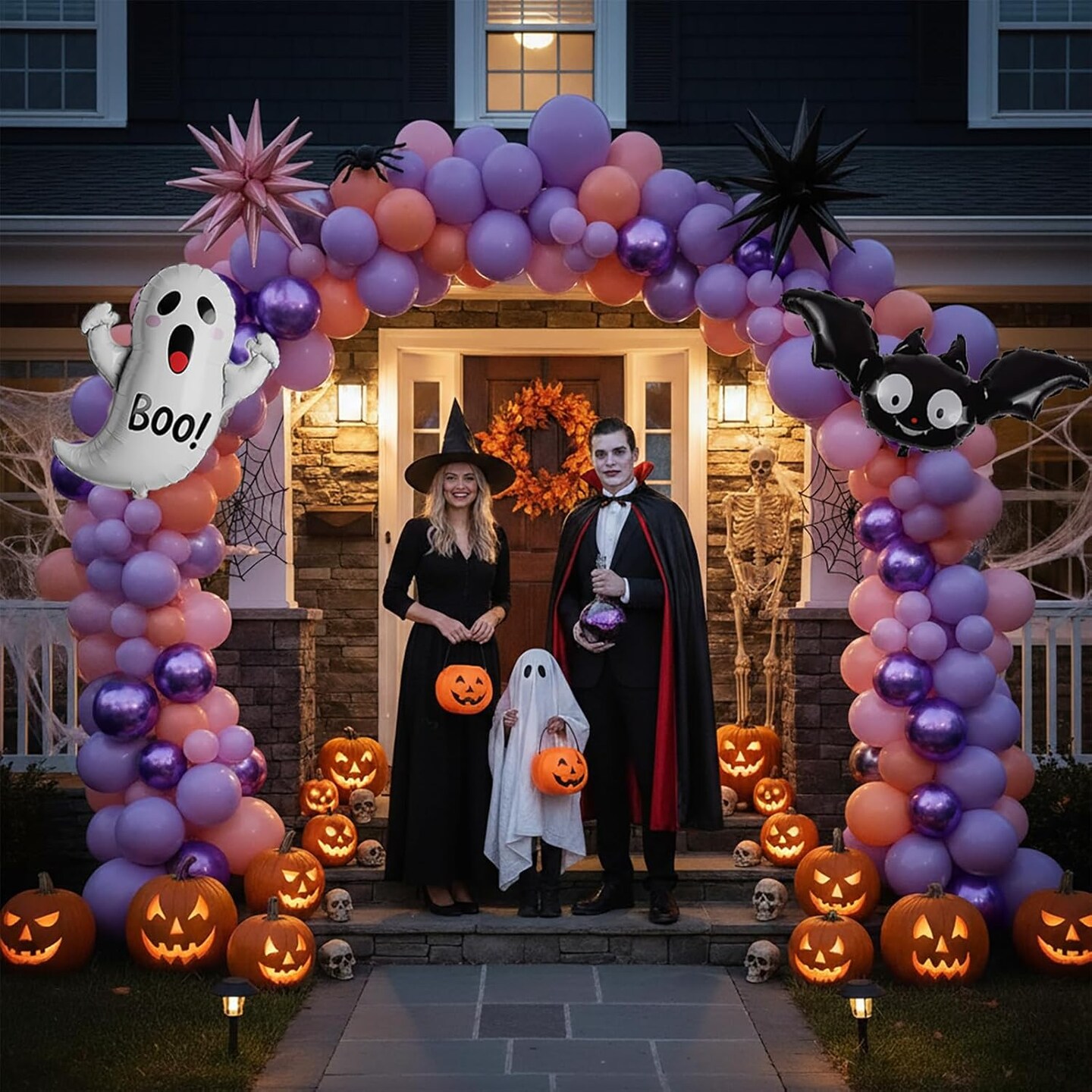 130pcs Pastel Halloween Balloon Garland Arch Kit – Purple, Pink & Orange Party Decorations with Bat and Ghost Foil Balloons for Birthday, Summerween, Baby Shower & Spooky Celebration Decor