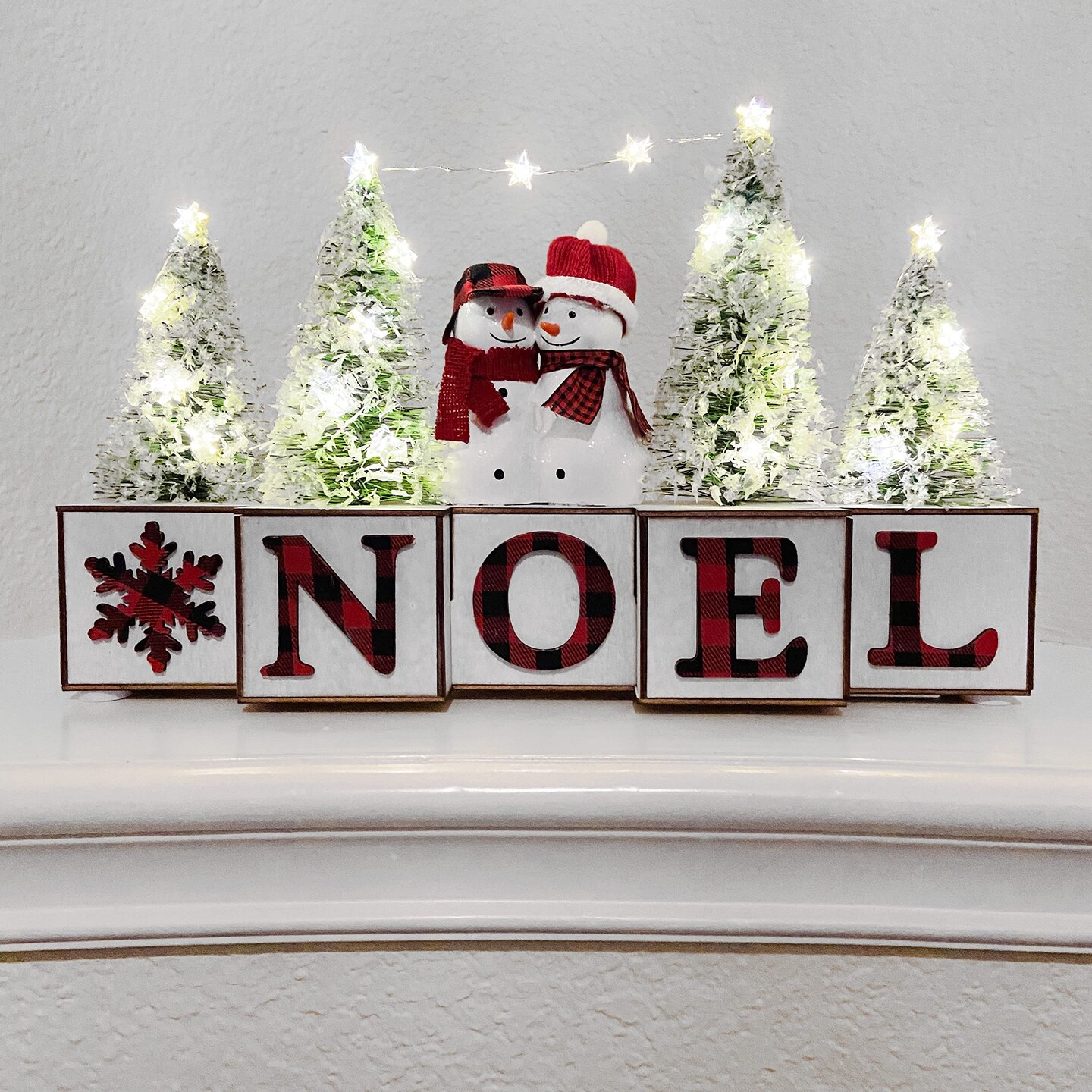 Haute Decor Christmas Wood Blocks Noel with Snowmen Couple, LED Lighted Trees, Battery Operated Automatic Timer - Prelit Christmas Holiday Decoration for Table, Shelving, Counter, Mantel