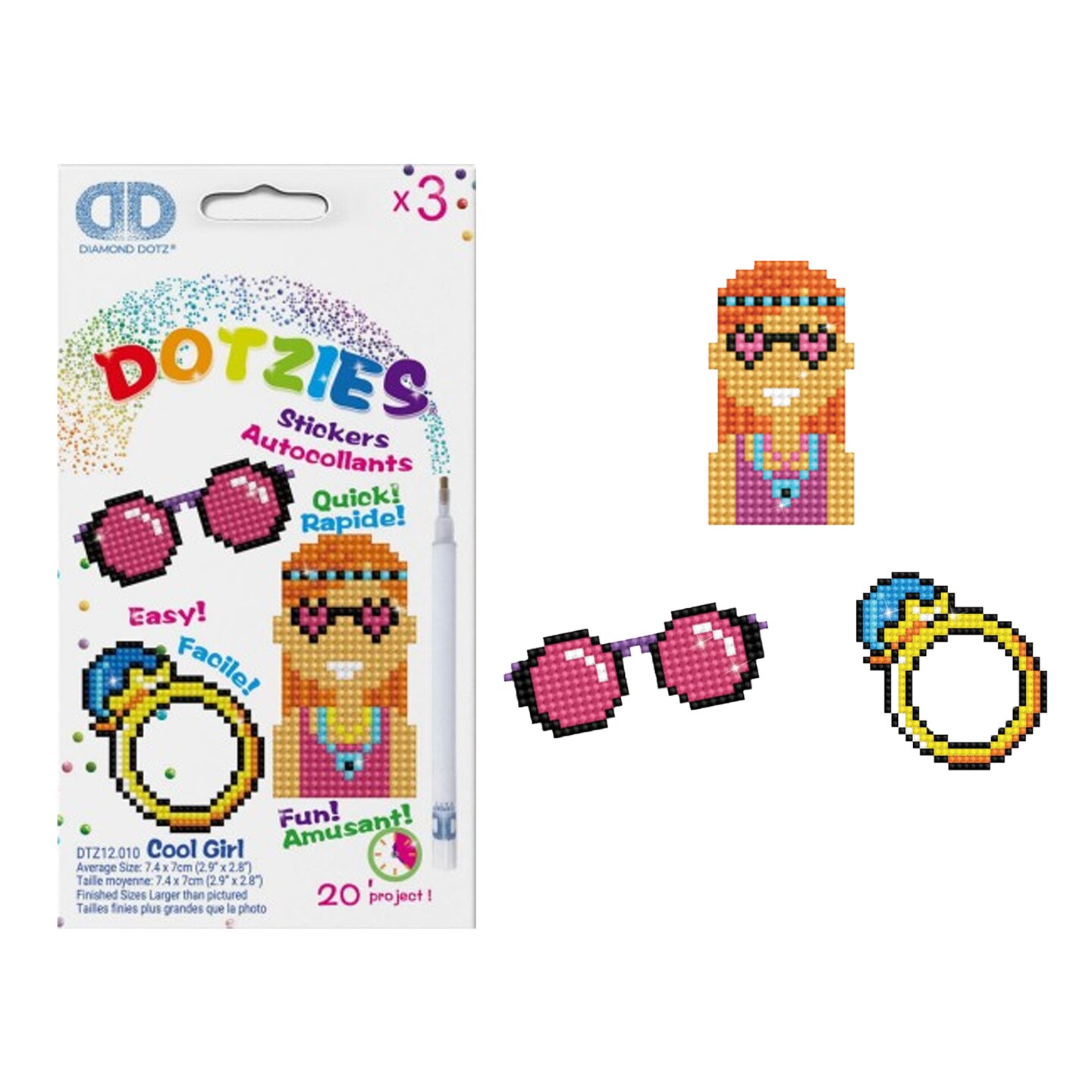 Diamond Dotz Kits - Dotzies 3 Stickers, COOL GIRL, Diamond Painting Stickers, Gem Art, Retro Diamond Art, Diamond Art Kids, Diamond Painting Kids, Diamond Art Kits for Kids, Kids Diamond Art