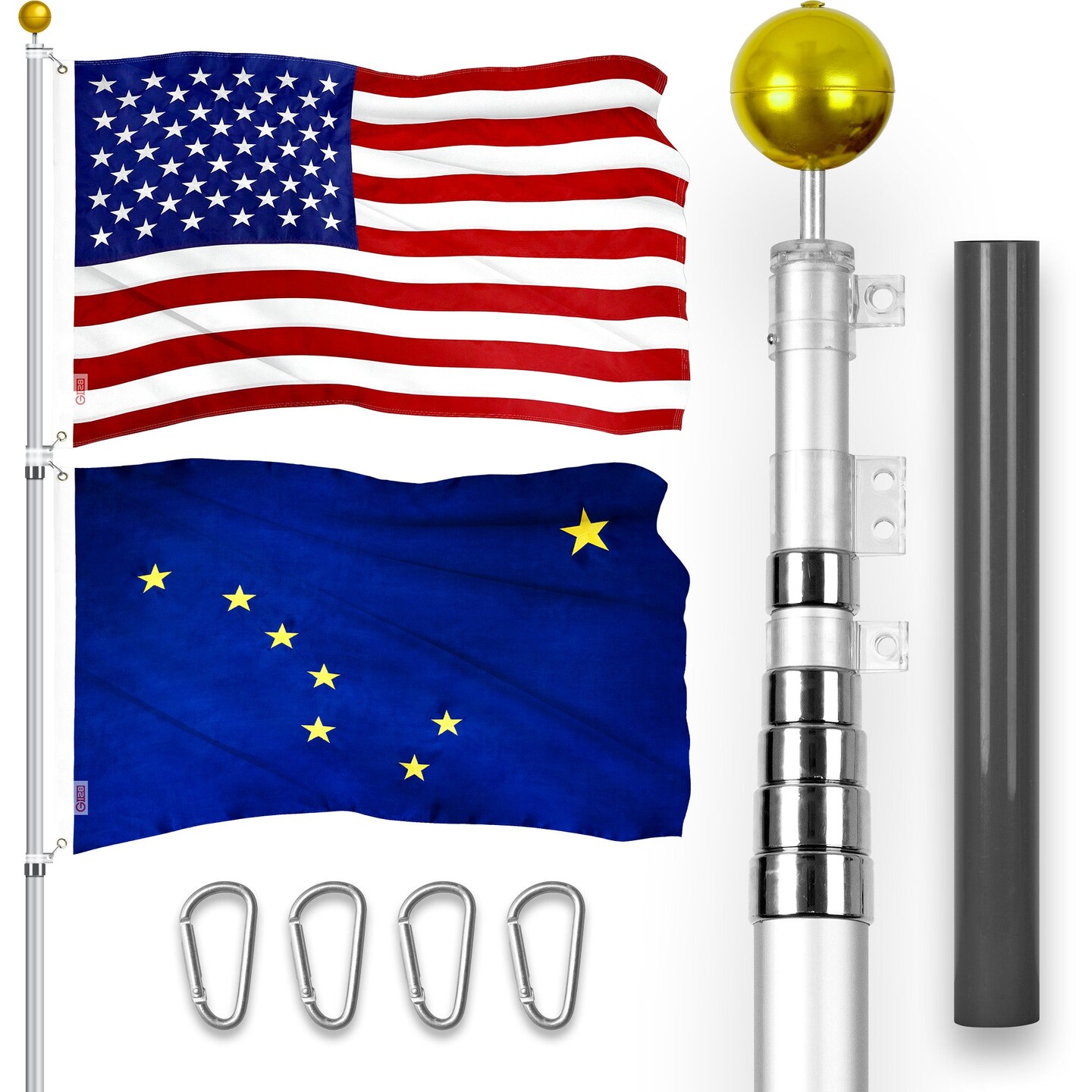 G128 Combo Pack: 20 Ft Telescoping Aluminum Flagpole (Silver) &#x26; American and Alaska Flags 3x5 Ft, Both ToughWeave Series Embroidered Polyester | Pole with Flags Included