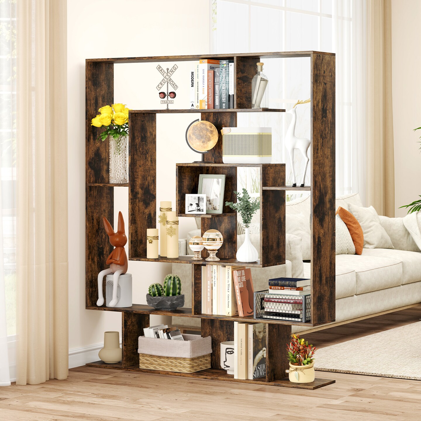 Costway 7-Tier Bookshelf Geometric Bookcase with 2 Anti-Tipping Kits Rustic Brown/White