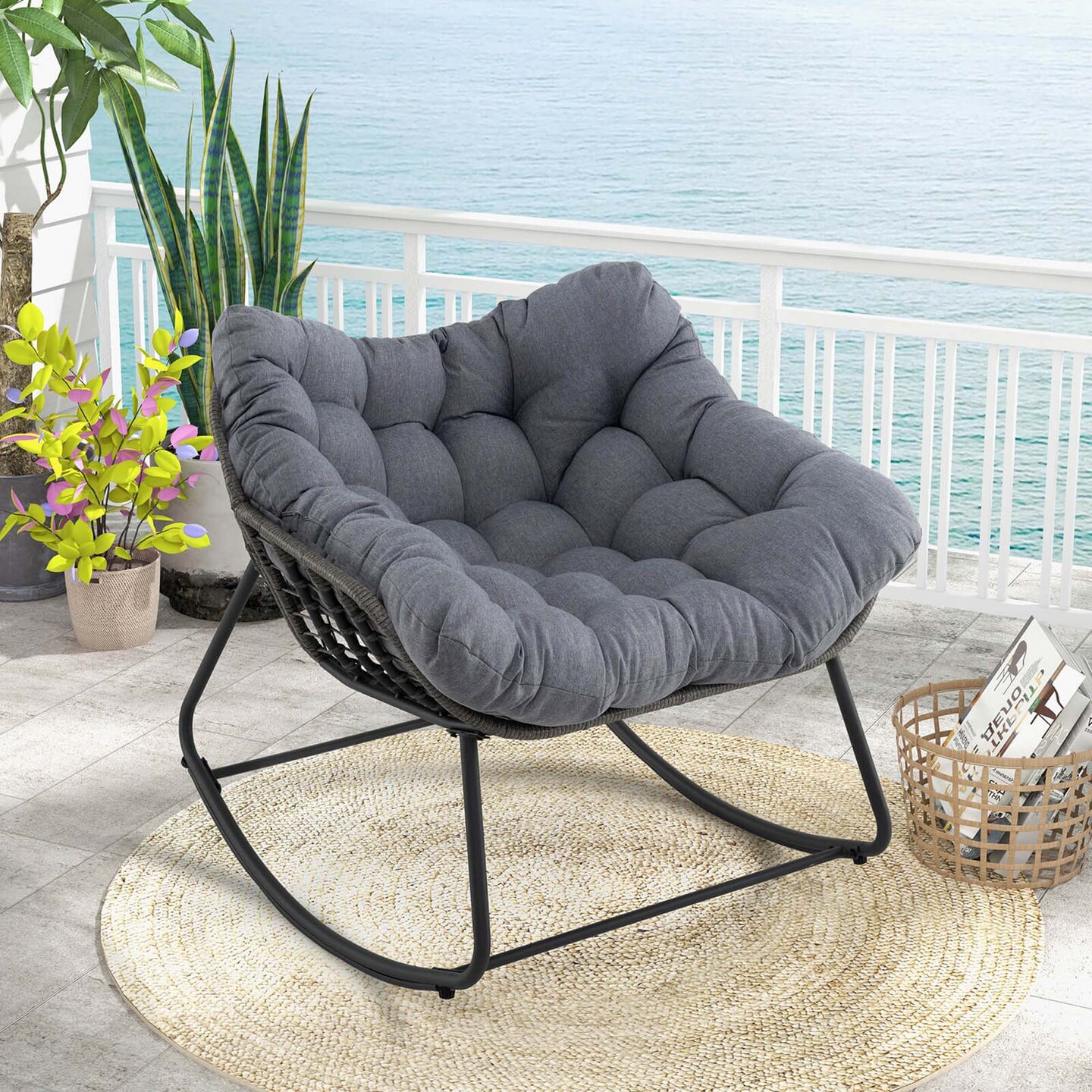 Costway 1/2 PCS Outdoor Rocking Chair Oversized Patio PE Wicker Egg Chair Rattan Lounge Chair Gray