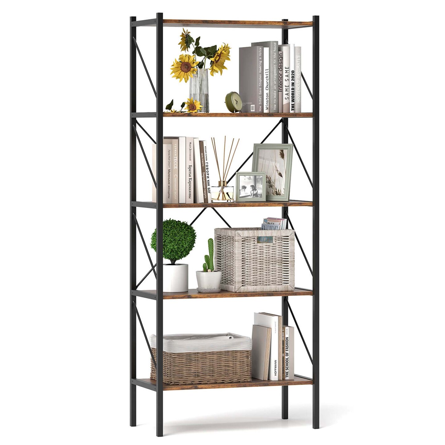 Costway 1/2 PCS 5-Tier Bookshelf, Industrial Tall Bookcase with Open Storage Shelves & Metal Frame Brown