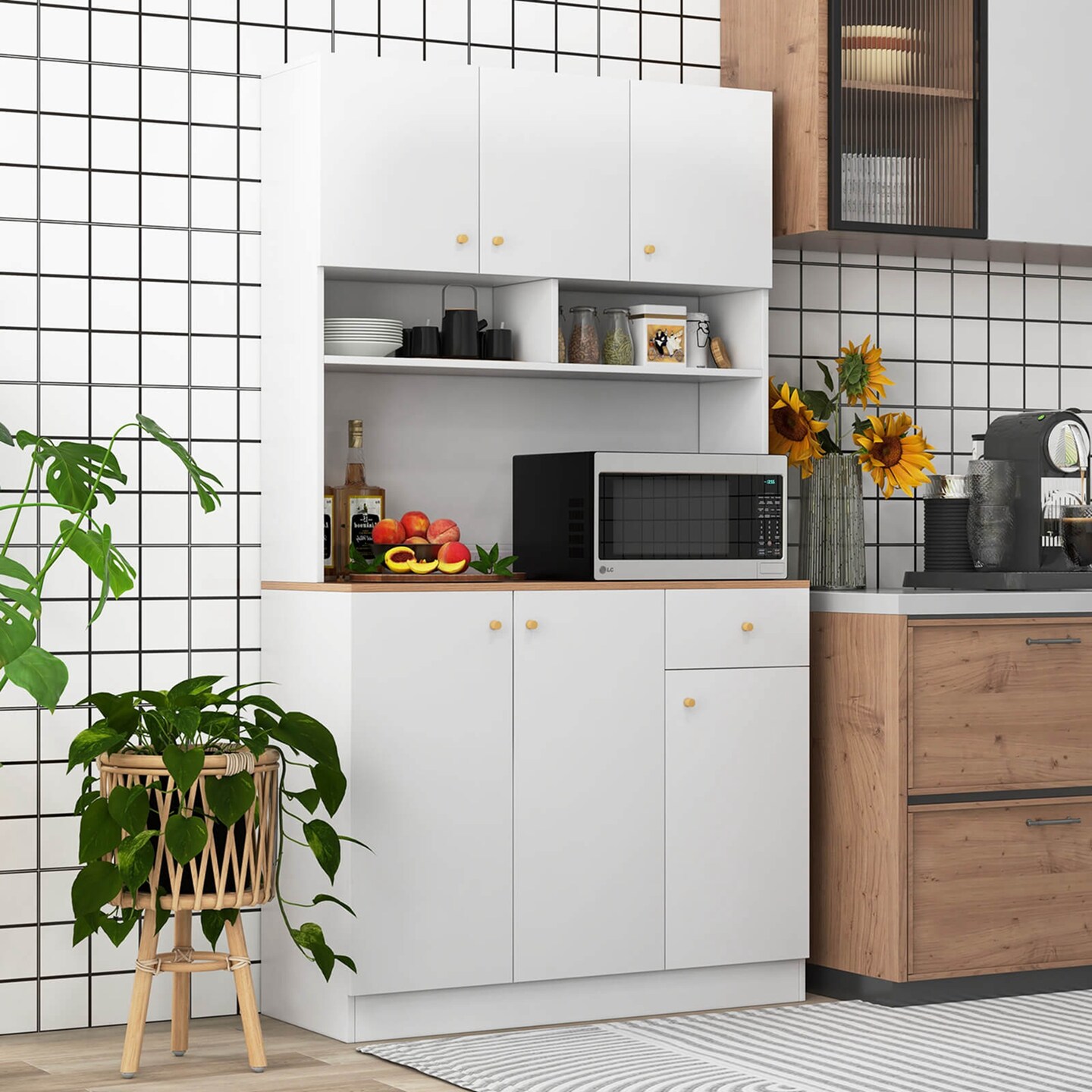 Costway 71" Tall Pantry Cabinet with Outlets USB Ports Anti-Tipping Kits Adjustable Shelves White