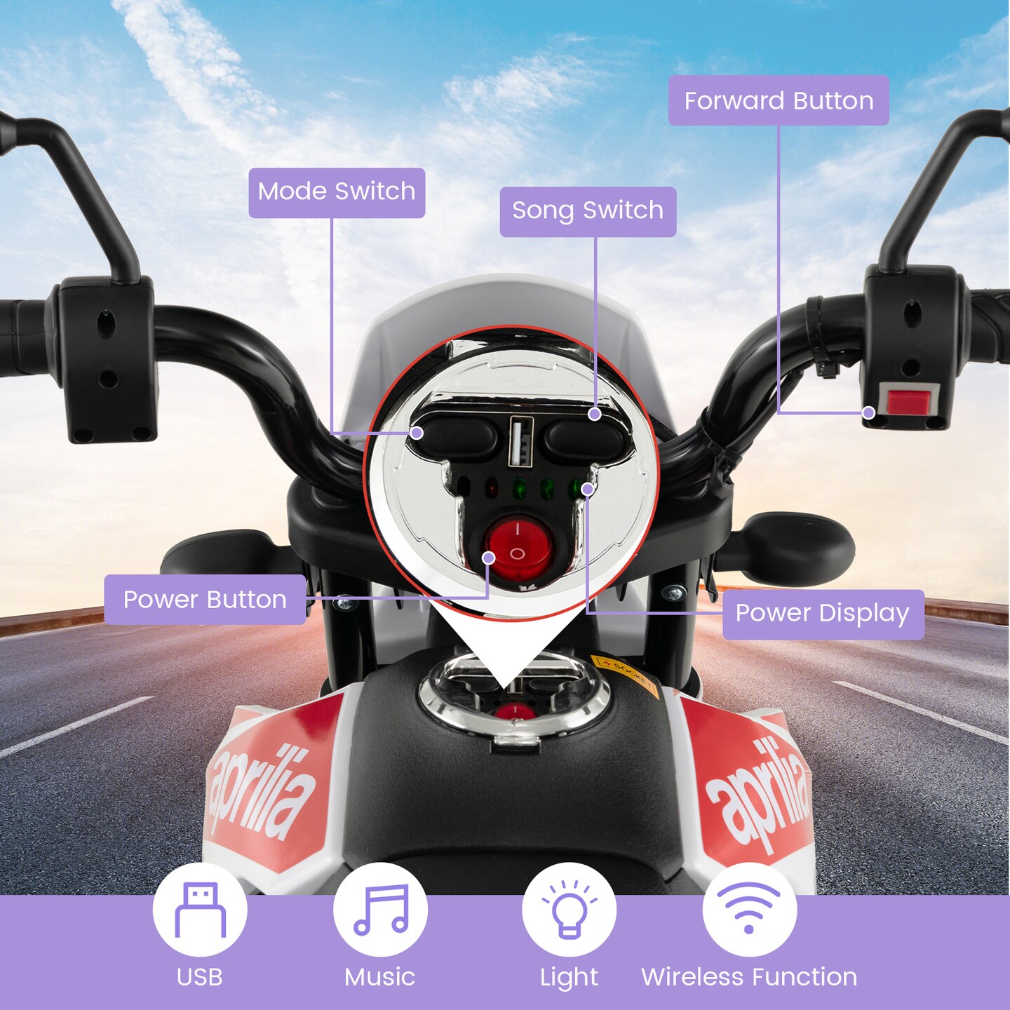 Costway 12V Licensed Aprilia Kids Ride On Motorcycle Electric Dirt Bike with Light & Music