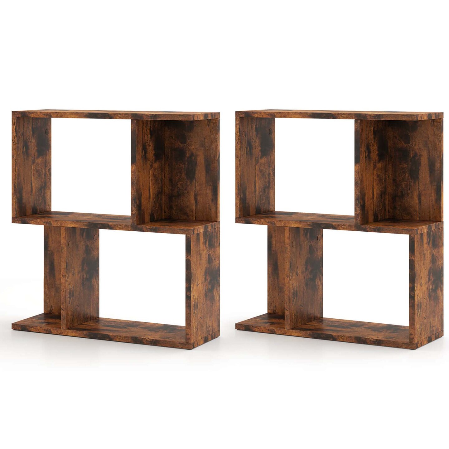 Costway 1/2 PCS 3-Tier Bookshelf Geometric Bookcase Side Table with Open Storage Display Shelf Brown