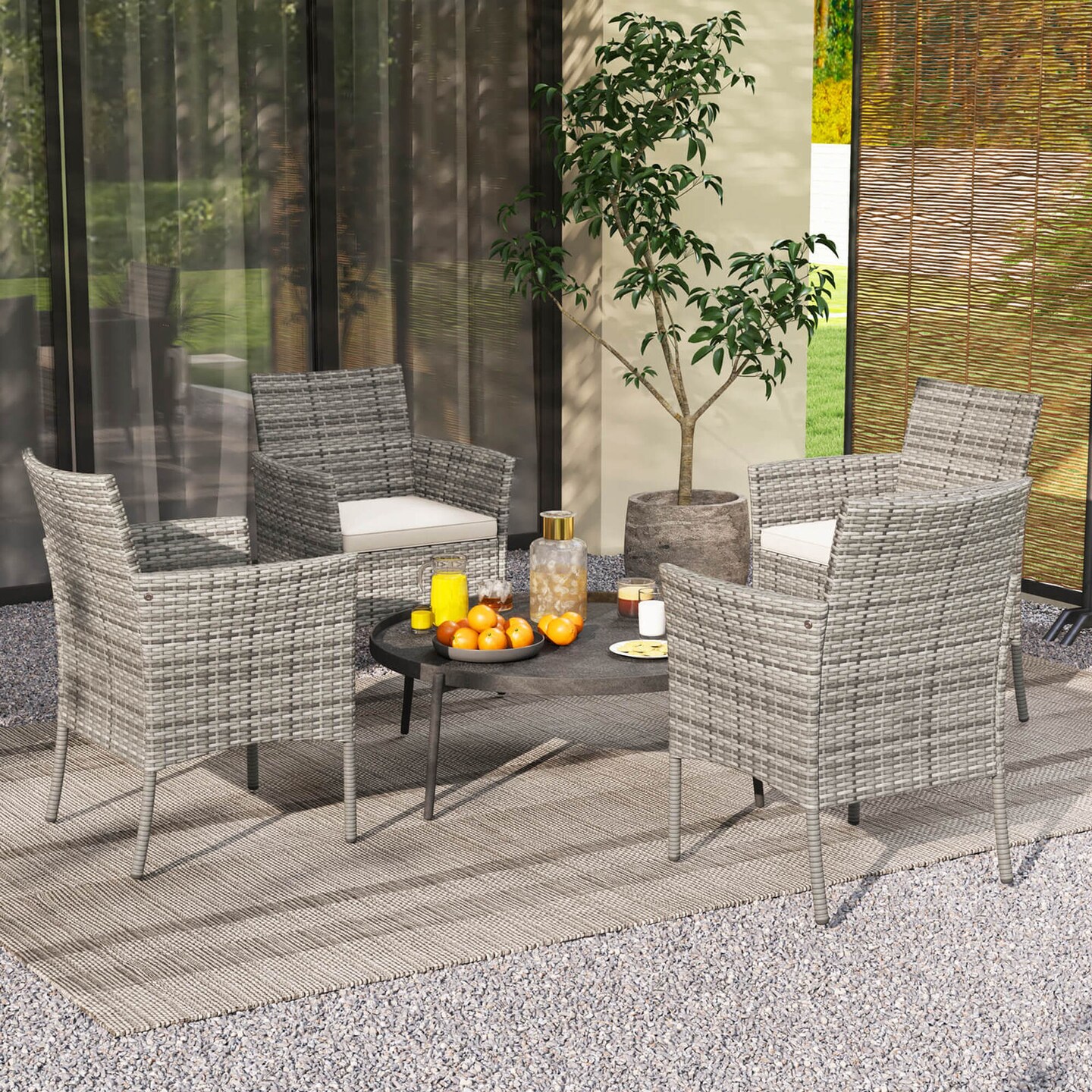 Costway Set of 2 Patio Rattan Arm Dining Chair Cushioned Sofa Furniture White