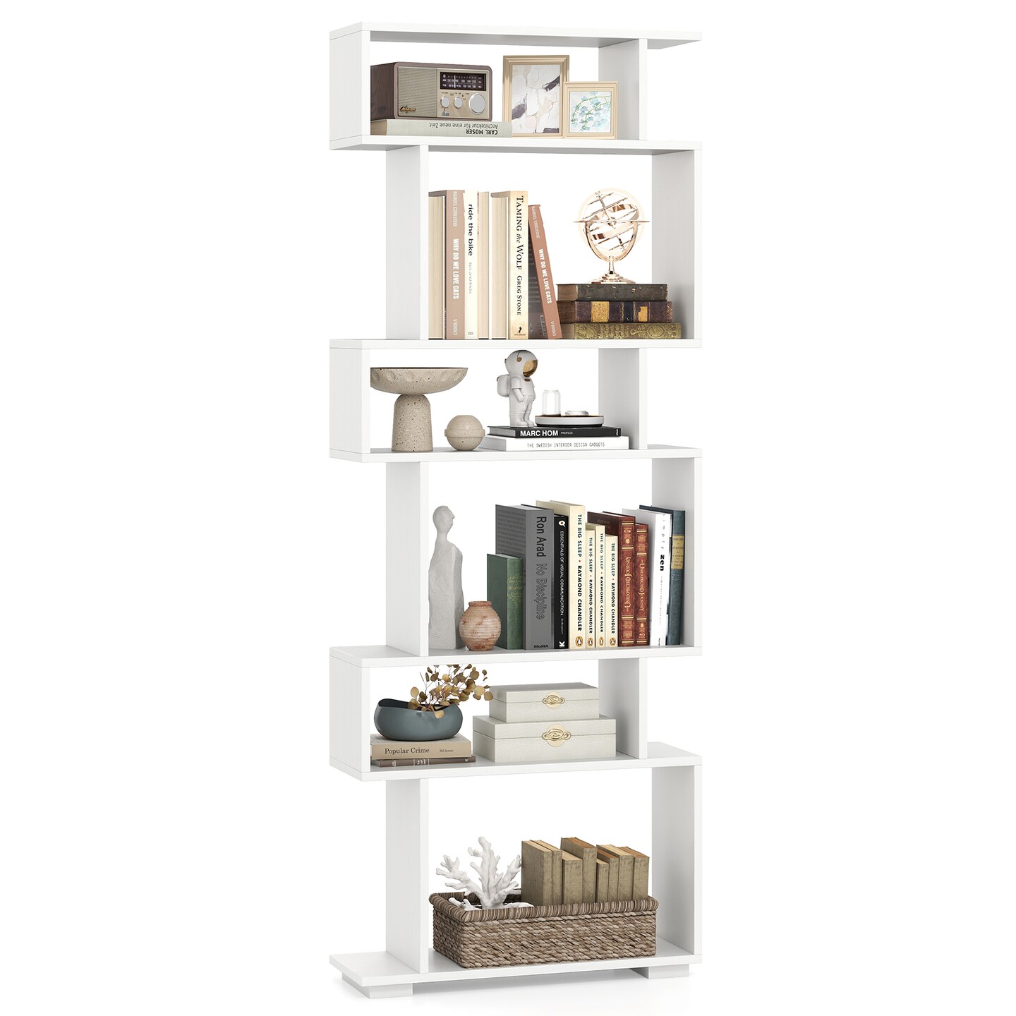 Costway 6-tier Storage Bookshelf S-shaped Geometric Bookcase with Anti-toppling Kits Brown/Black/White