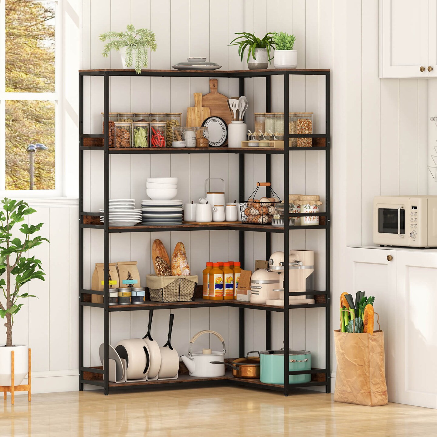 Costway Corner Bookshelf 5-Tier L-Shaped Bookcase 71" Tall Etagere Bookshelf with Metal Frame Brown/Gray