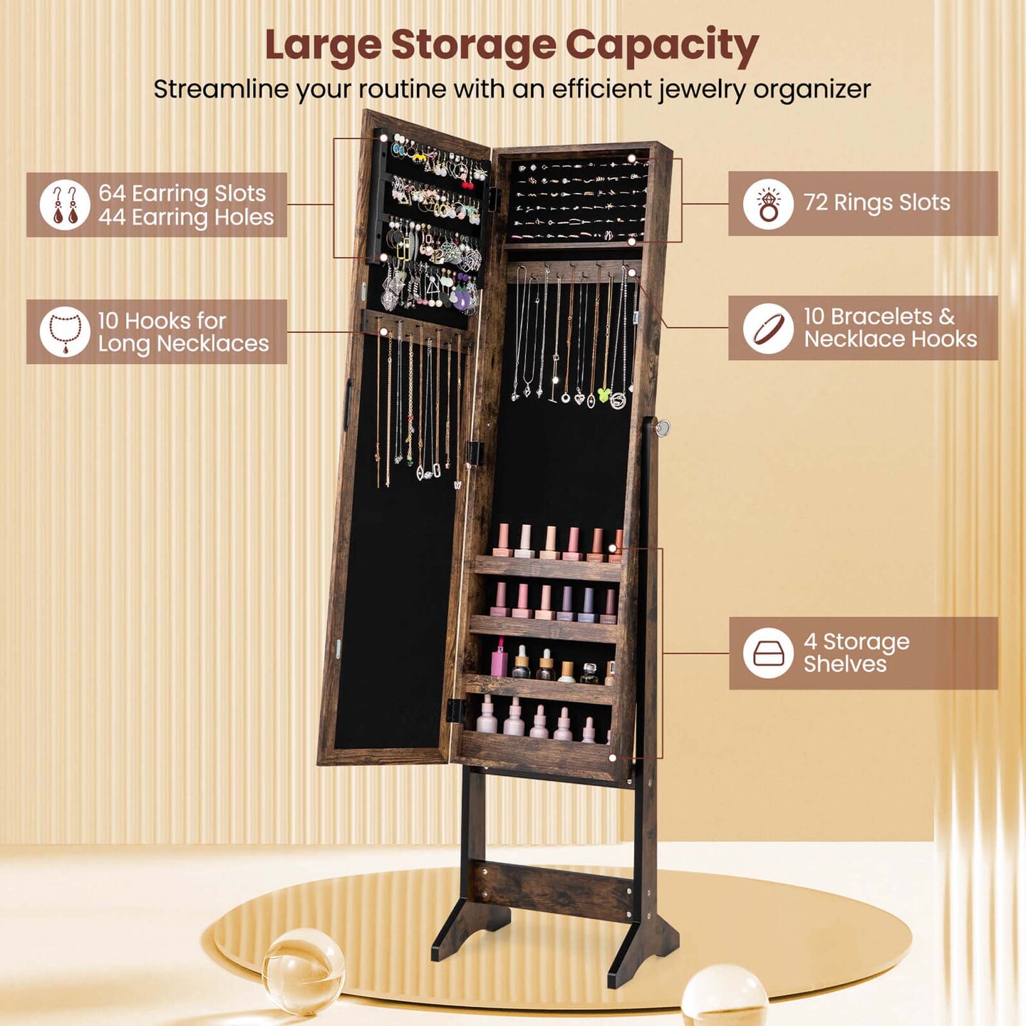Costway Jewelry Mirrored Cabinet Armoire Organizer Storage Box with Stand Christmas Gift Black/White/Coffee/Brown