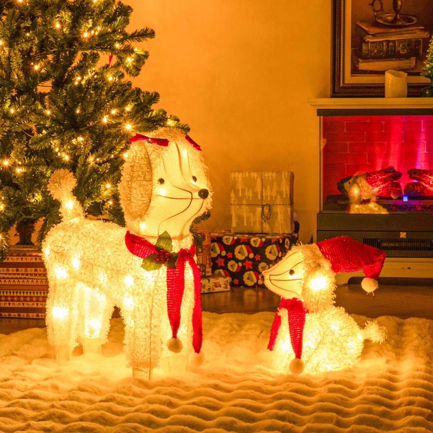 Costway Pre-lit Mama &#x26; Baby Poodle Dogs 60 Warm White LED Lights Red Hat &#x26; Scarf