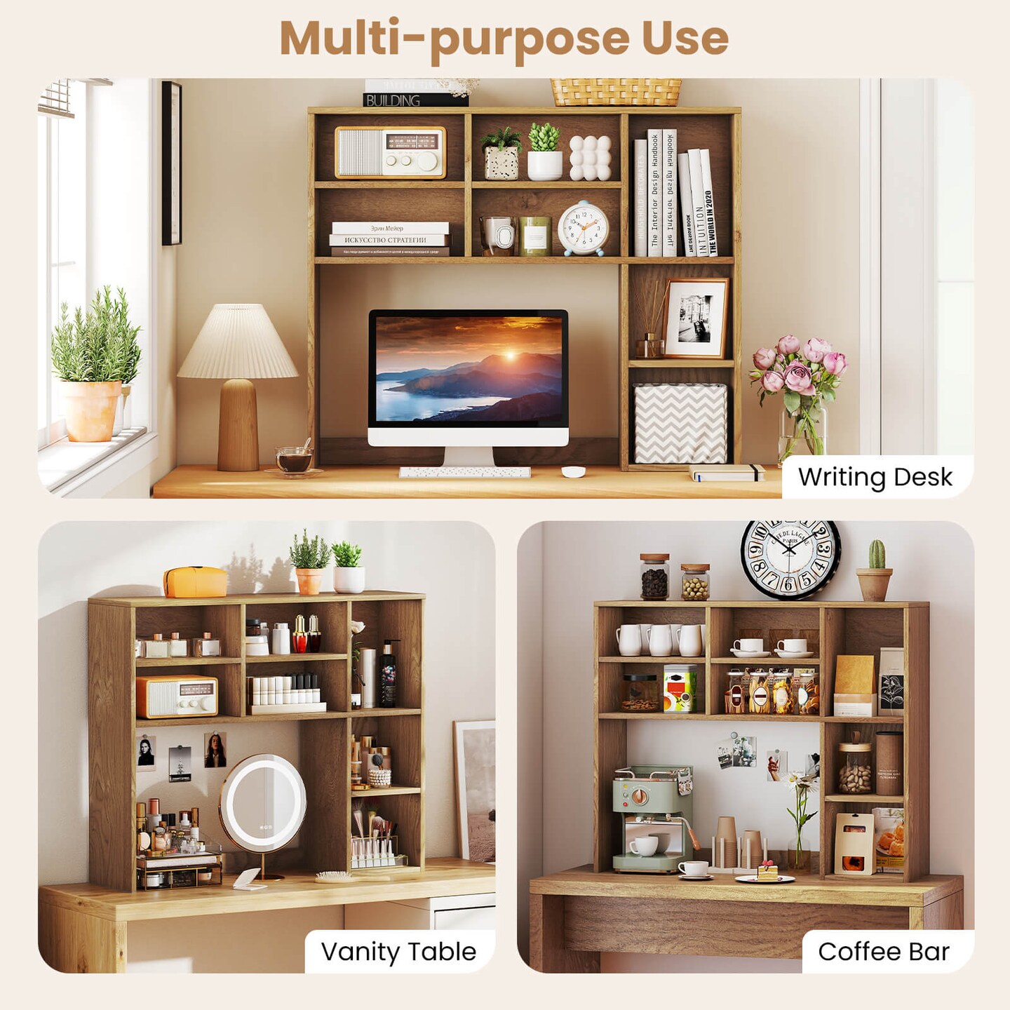 Costway Desktop Bookshelf Desk Storage Hutch with 7 Open Cubbies & 3 Adjustable Shelves Natural/Beige/Gray/Brown/White