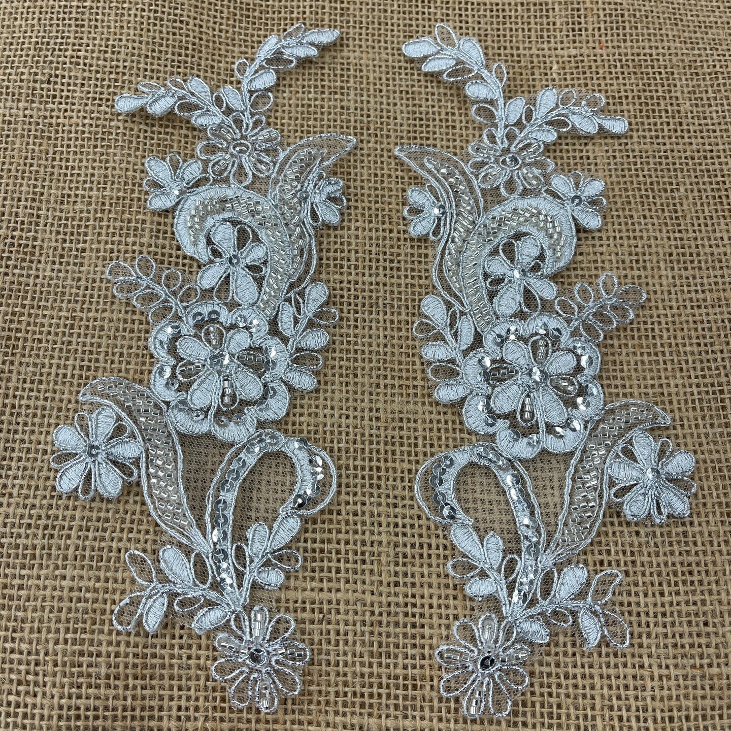 1 Pair Beaded & Corded Floral Lace Applique 9" x 2.5" Each Side