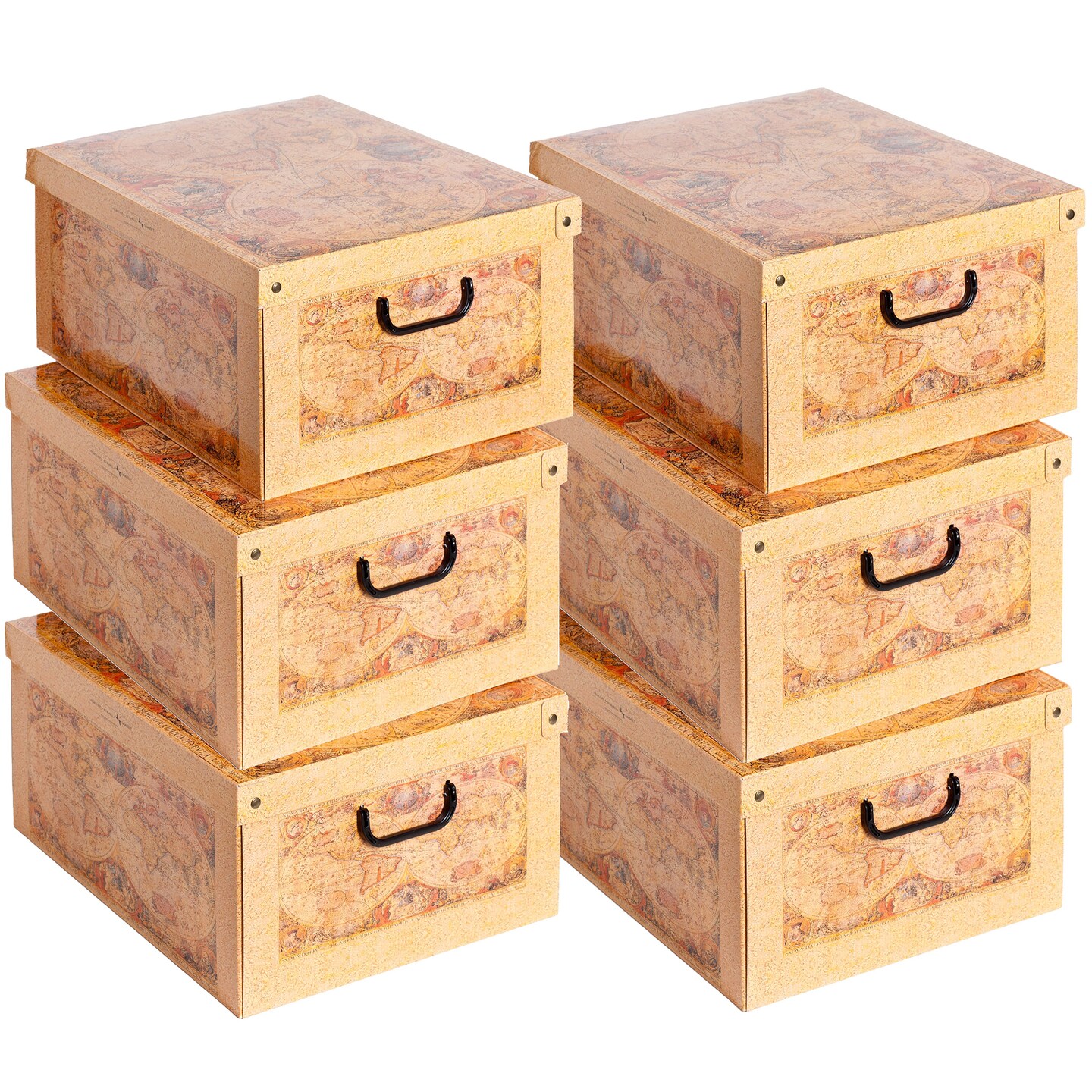 Lavatelli: Storage Box 6 Pack: Large - Map - Lid & Side Handles, Decorative Cardboard Organizer, Stacks-Folds, Home-Clothes-Toys, 19.7 x 15.7 x 9.8"