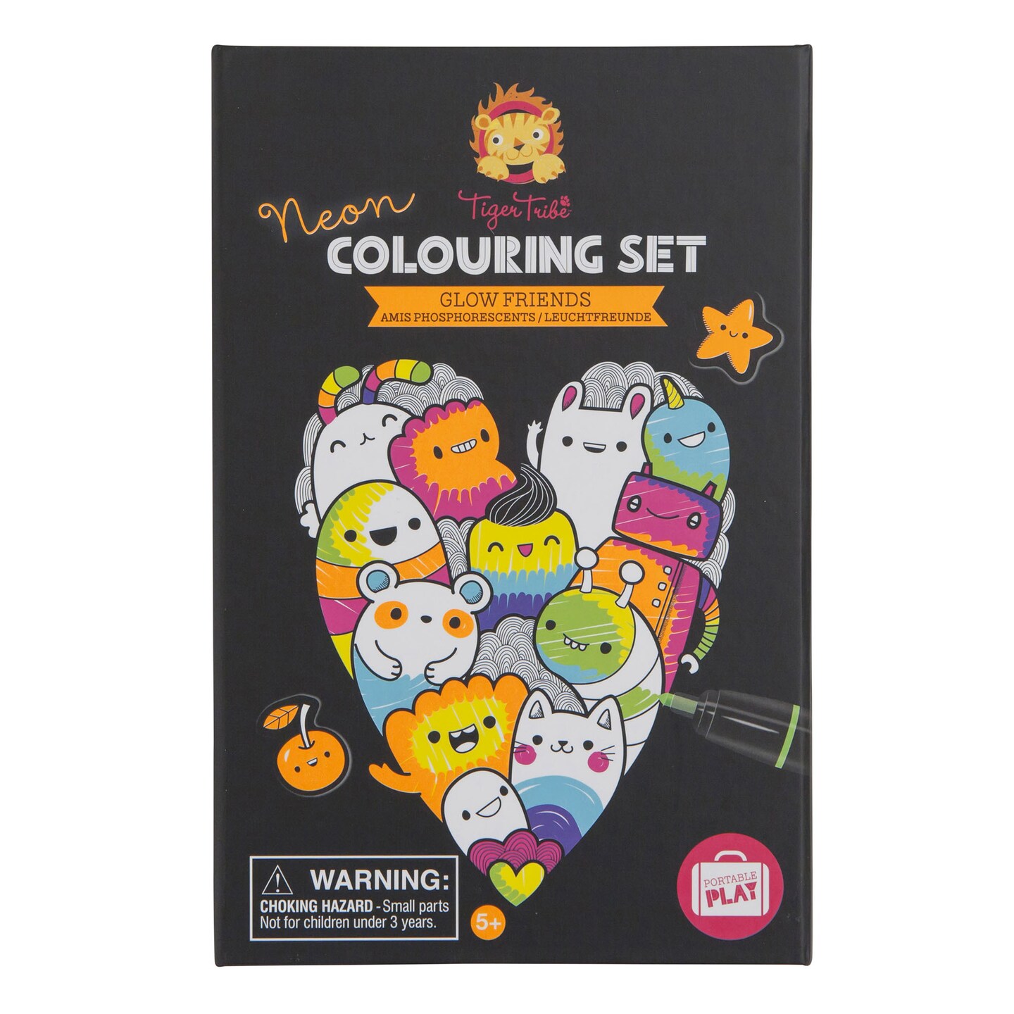 Tiger Tribe: Neon Coloring Set - Glow Friends - Activity Set w/ Stickers, Themed Pages &#x26; Markers Stored Inside Magnetic Sealed Storage Box, Kid Age 4+