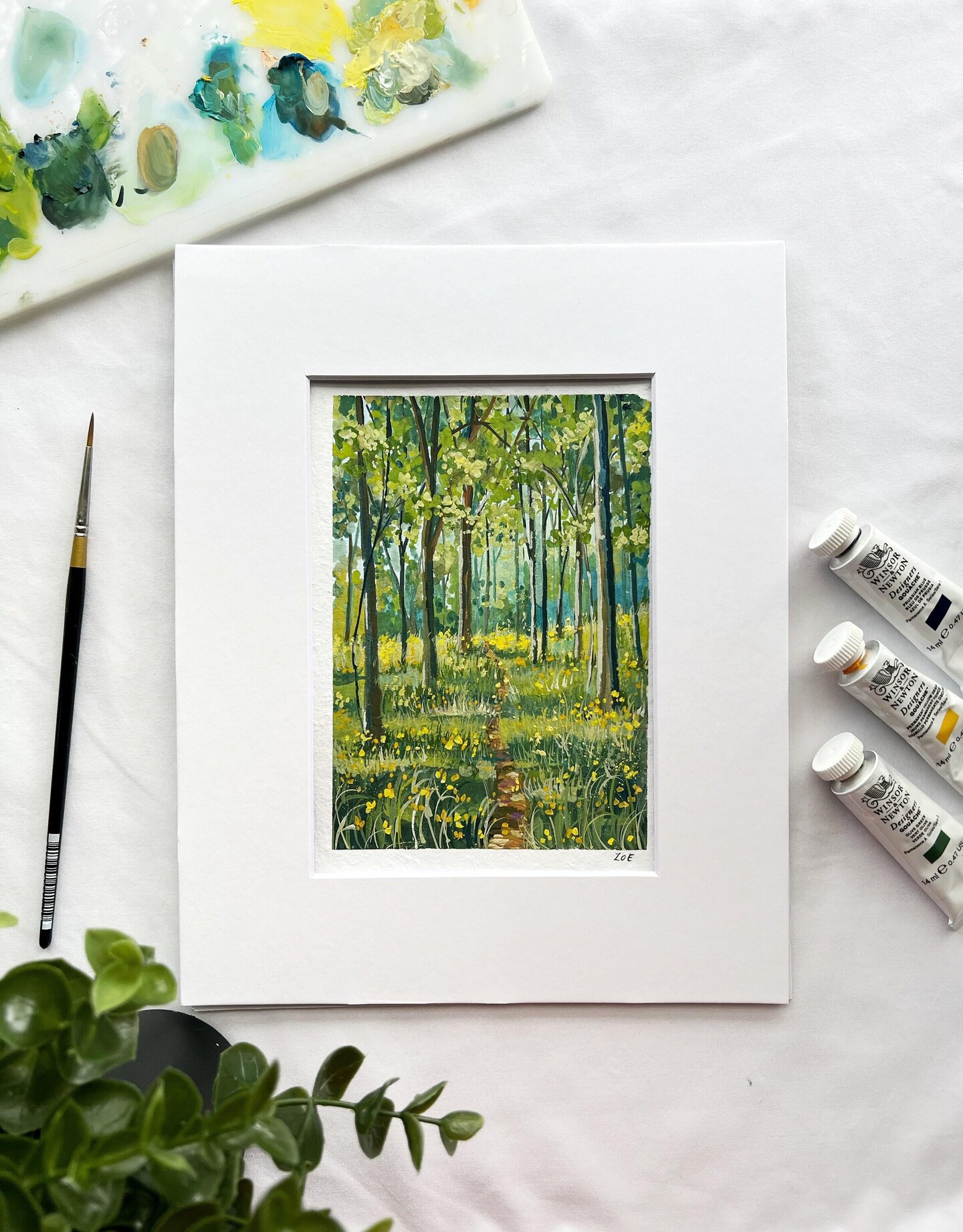 Spring Forest Path- Gouache painting- Forest path art prints- Art