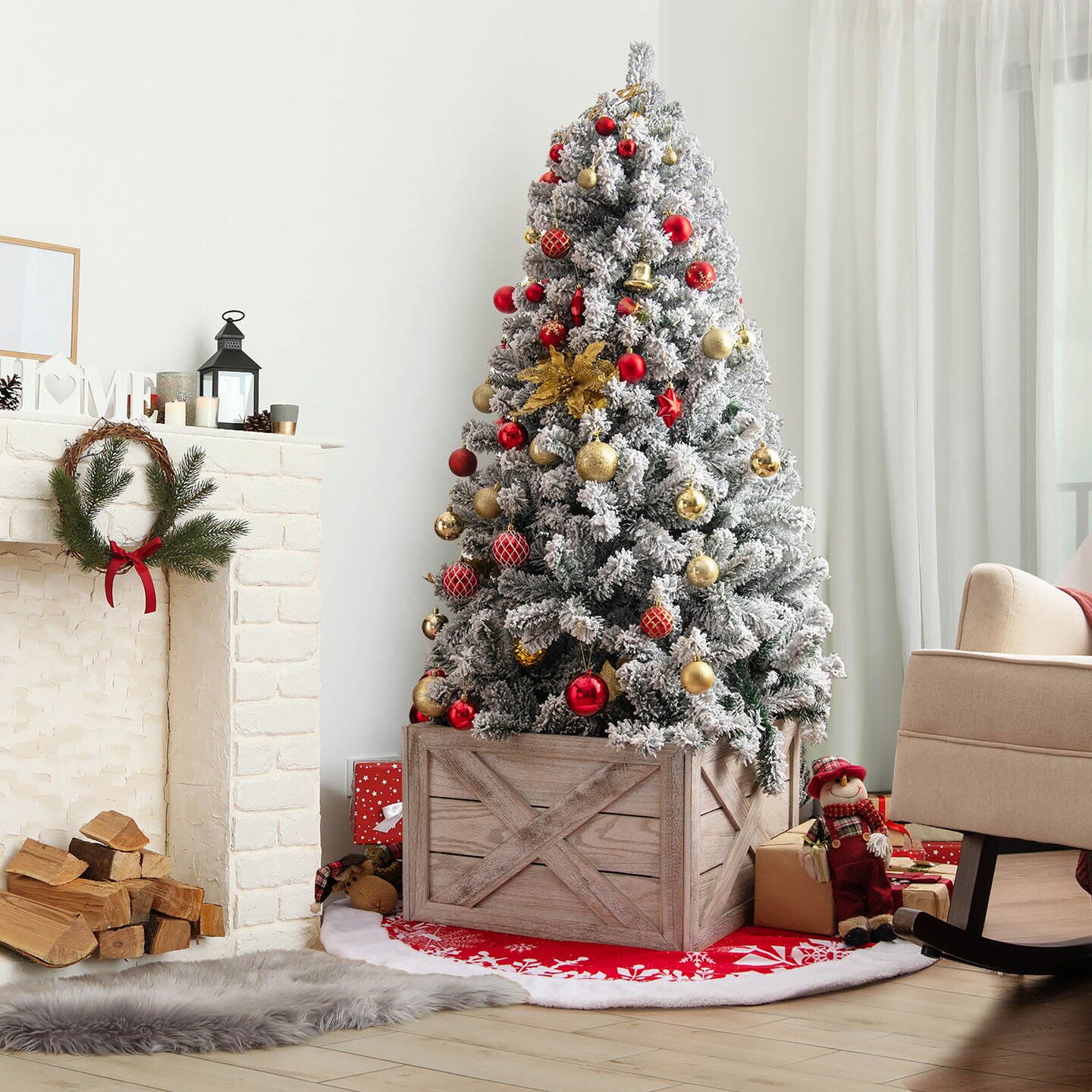 Costway Wooden Tree Collar Box Farmhouse Christmas Tree Skirt Cover 30.5 x 22.5 in Grey\Brown