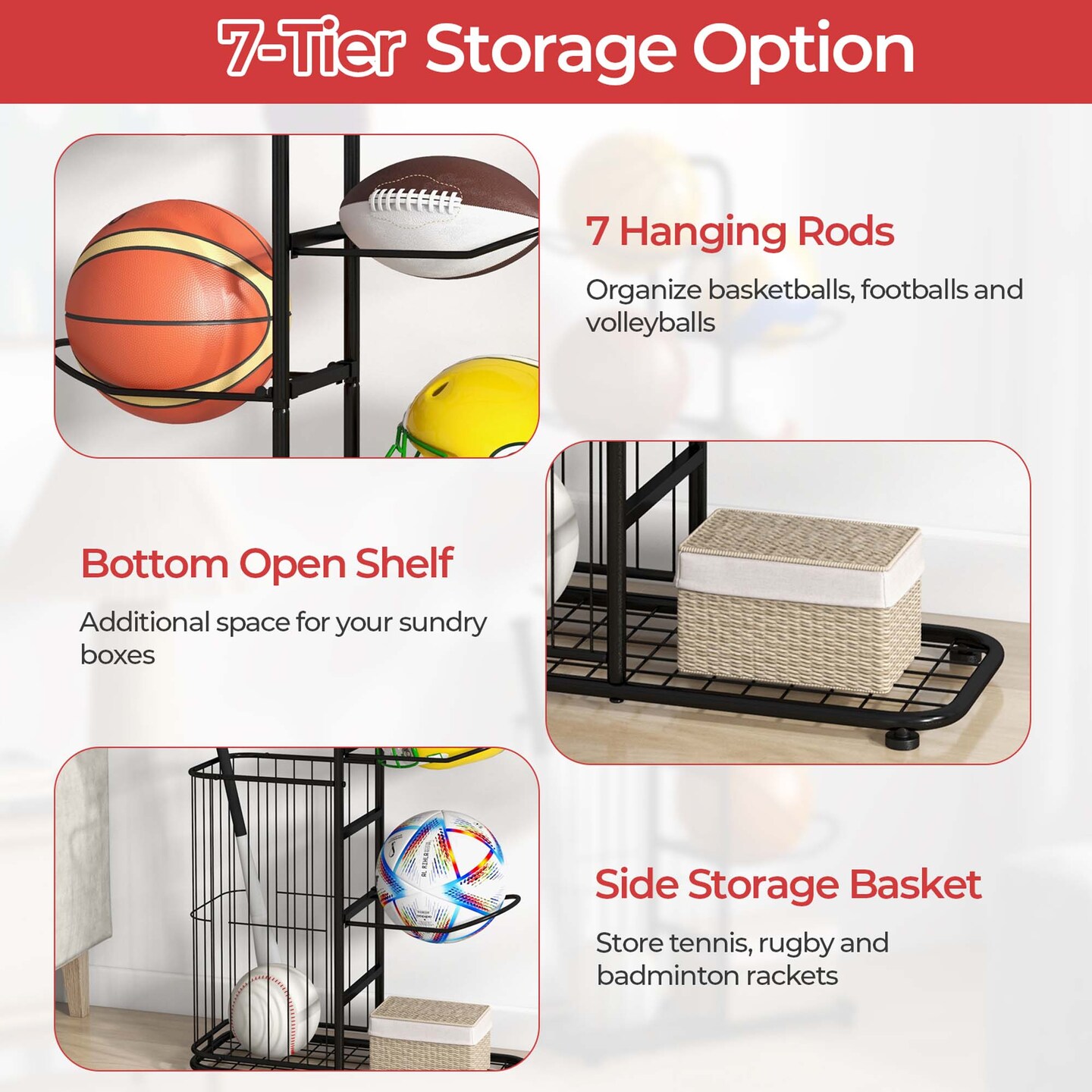 Costway 7-Tier Ball Storage Rack with 7 Removable Hanging Rods &#x26; Side Ball Basket Black