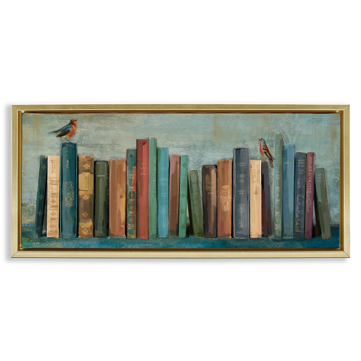 Stupell Industries Books And Birds Bookshelf Painting Framed Floater Canvas Wall Art
