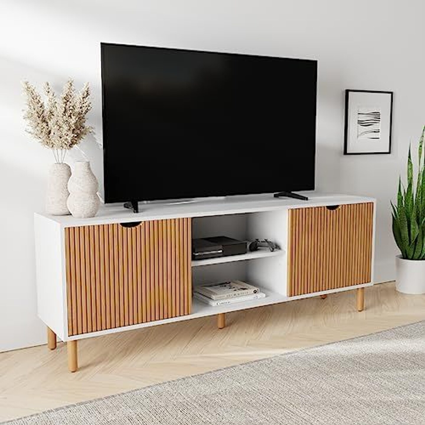 Contemporary Fluted TV Stand - Media Console - 70&#x201D; Entertainment Center Console Table with Storage for Living Room - Fits 32 to 80&#x22; TVs (White and Oak)