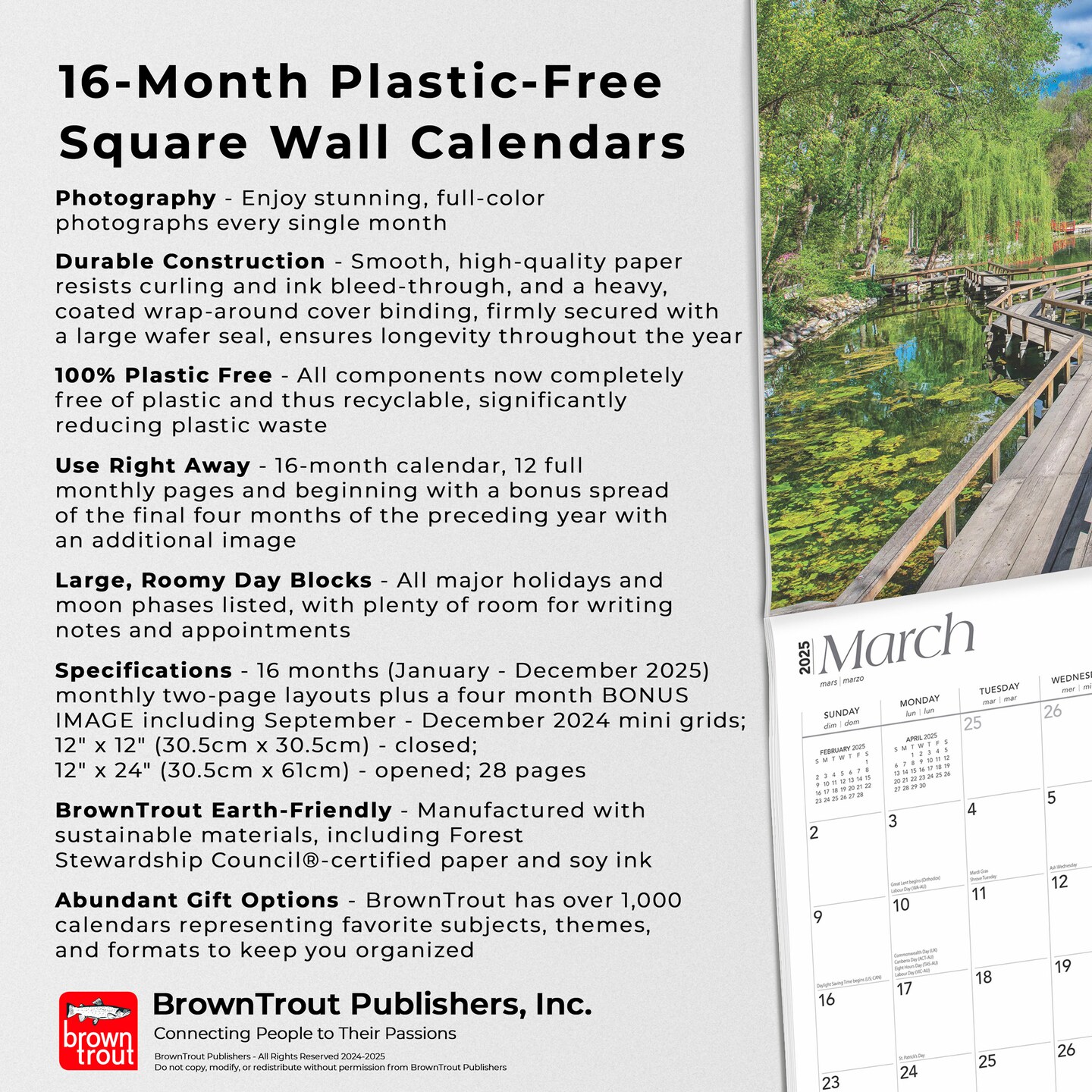 Wisconsin Places | 2025 12 x 24 Inch Monthly Square Wall Calendar | Plastic-Free | BrownTrout | USA United States of America Midwest State Nature