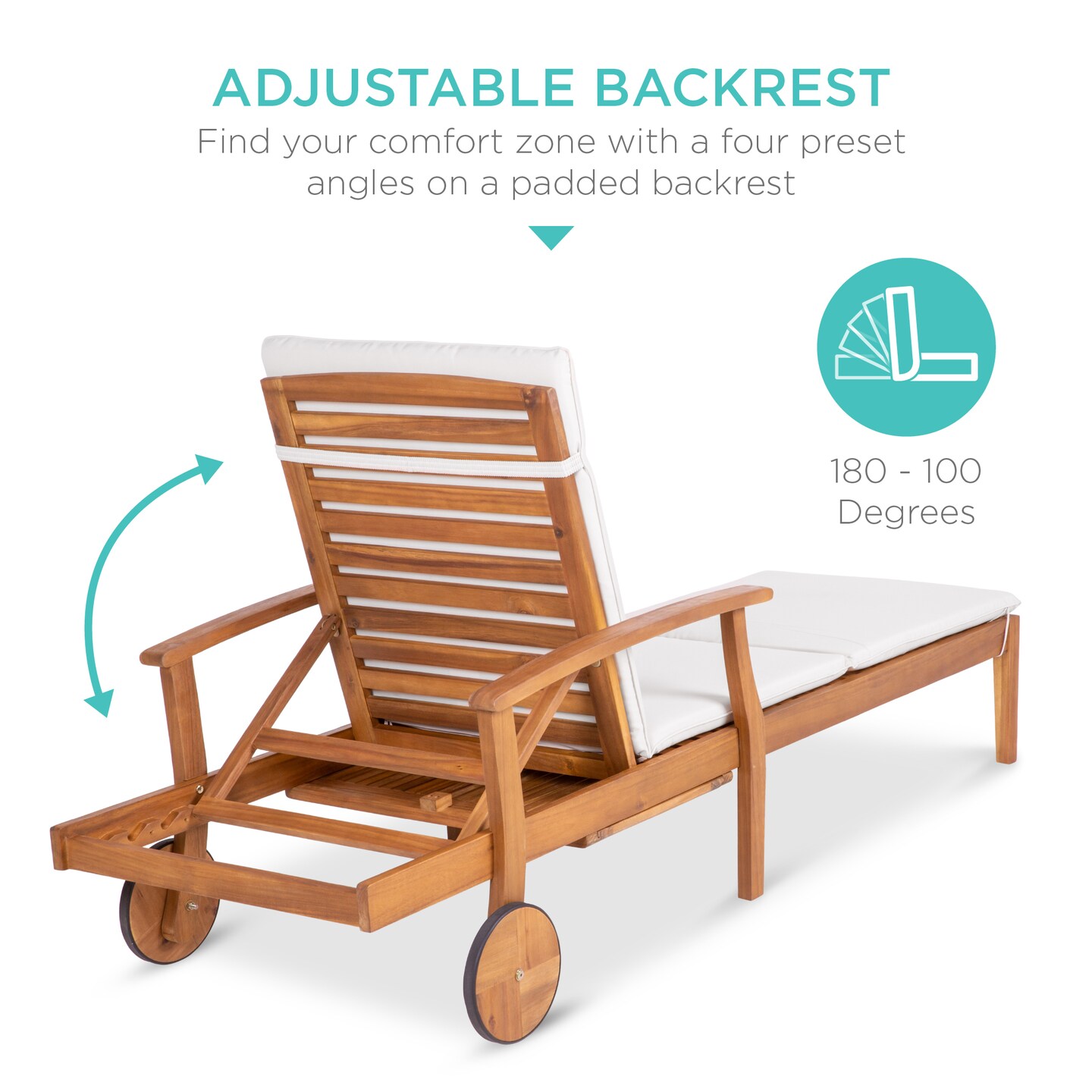 Best Choice Products 79x26in Acacia Wood Outdoor Chaise Lounge Chair w/ Adjustable Backrest, Table, Wheels