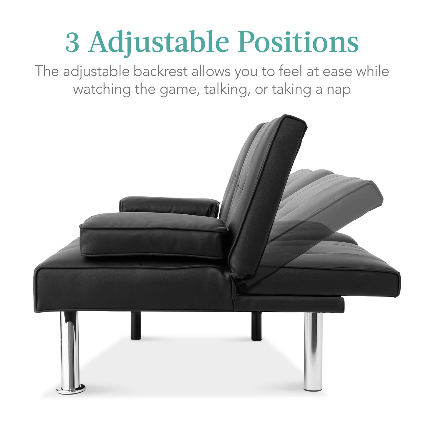 Best Choice Products Modern Faux Leather Convertible Futon Sofa w/ Removable Armrests, 2 Cupholders