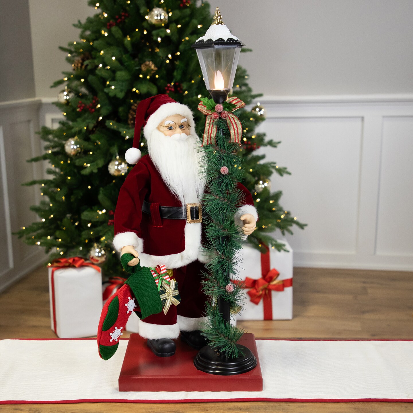 Northlight Animated and Musical Santa Claus Figure with Lighted Lamppost and Christmas Stocking - 31&#x22;