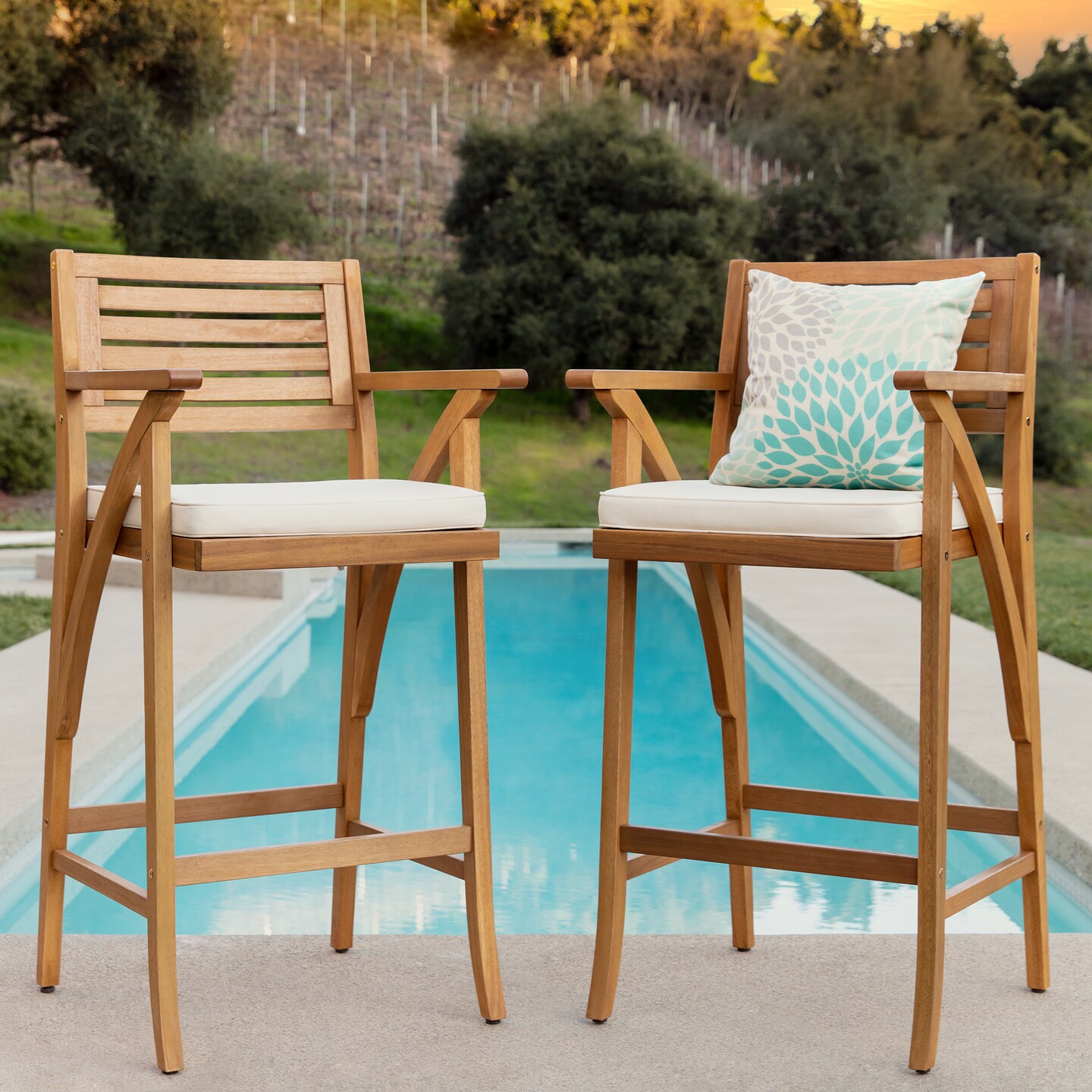 Best Choice Products Set of 2 Outdoor Acacia Wood Bar Stools Bar Chairs w/ Weather-Resistant Cushions