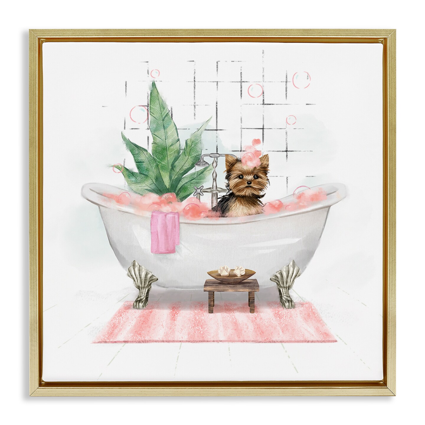 Stupell Industries Chic Yorkie Dog in Bubble Bath Framed Floater Canvas Wall Art