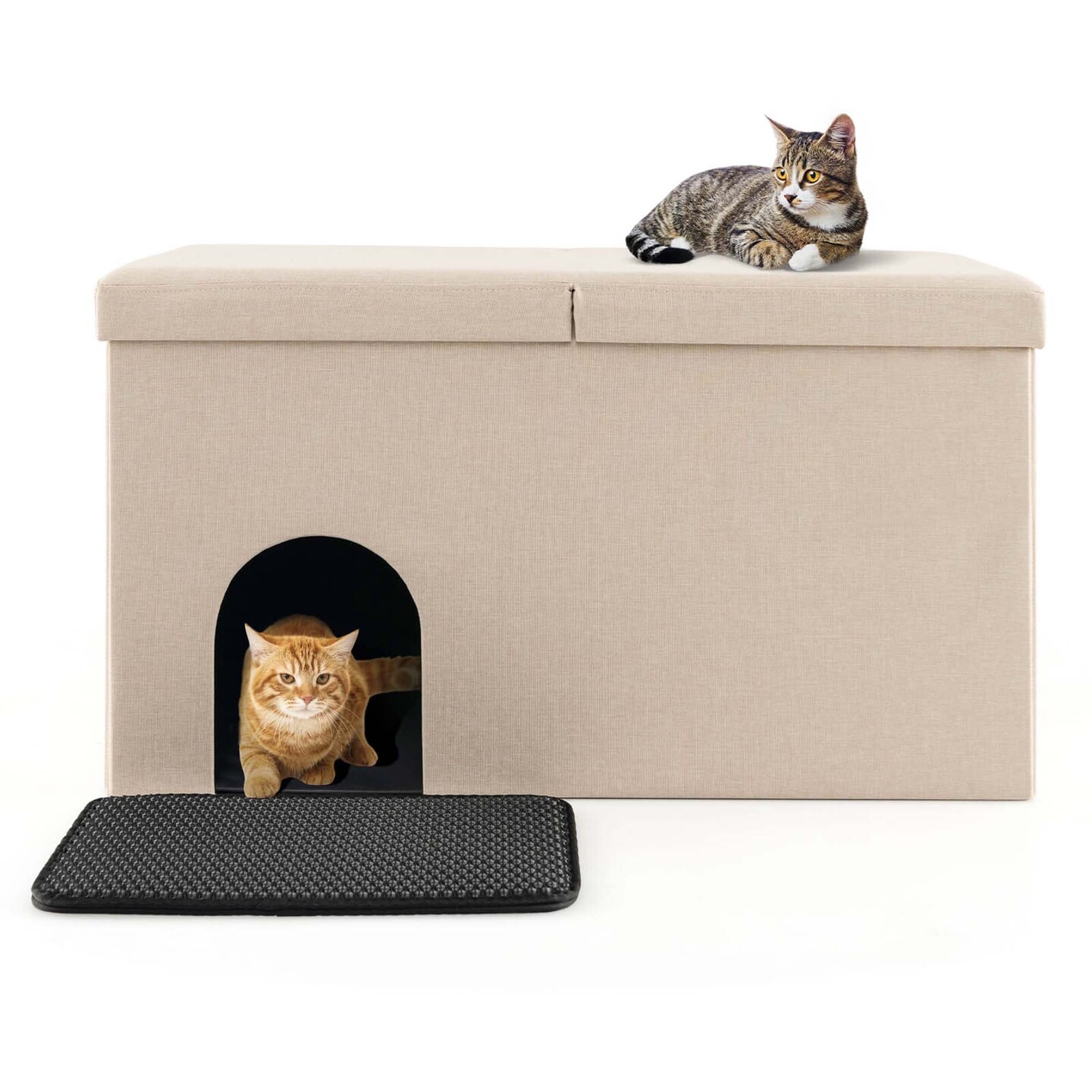Costway Cat Litter Box Enclosure Hidden Furniture Cat Washroom Shoe Storage Bench Beige/Grey