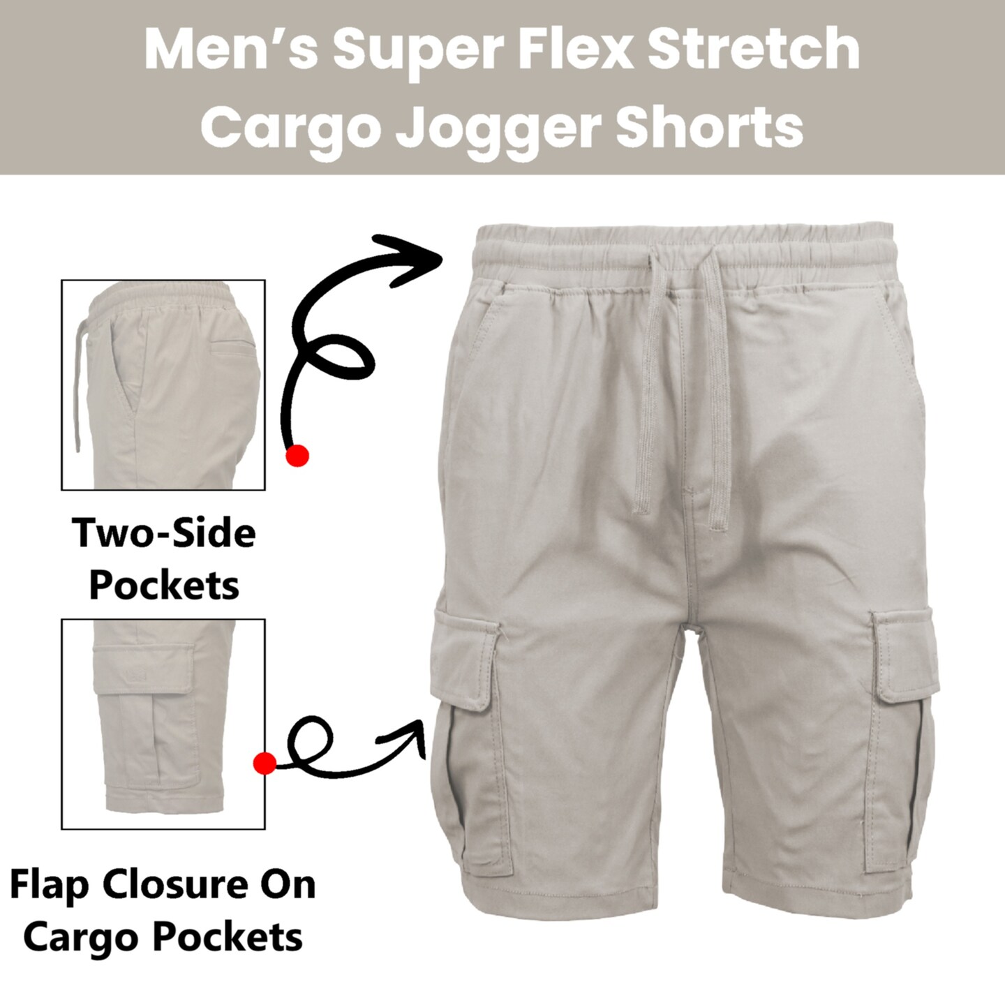 Men’s Flex Cargo Shorts with Elastic Waistband and Drawstring – Comfortable Fit with 6 Pockets and Stretch Fabric (S-2XL)