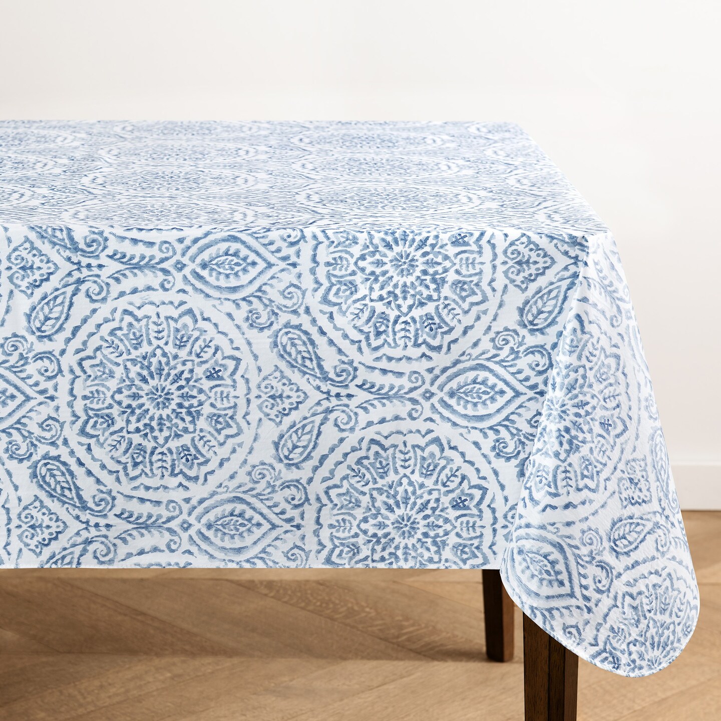 Threadmade Home Savannah Boho Paisley Printed Vinyl Indoor/Outdoor Tablecloth, Blue - 60"W x 120"L