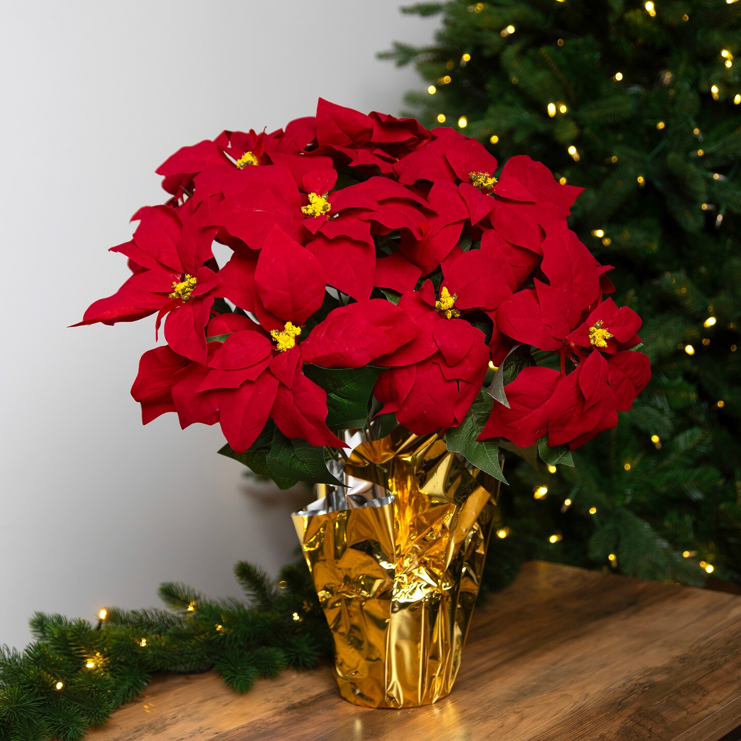 Northlight Artificial Christmas Poinsettia with Gold Wrapped Pot - 20&#x22; - Red