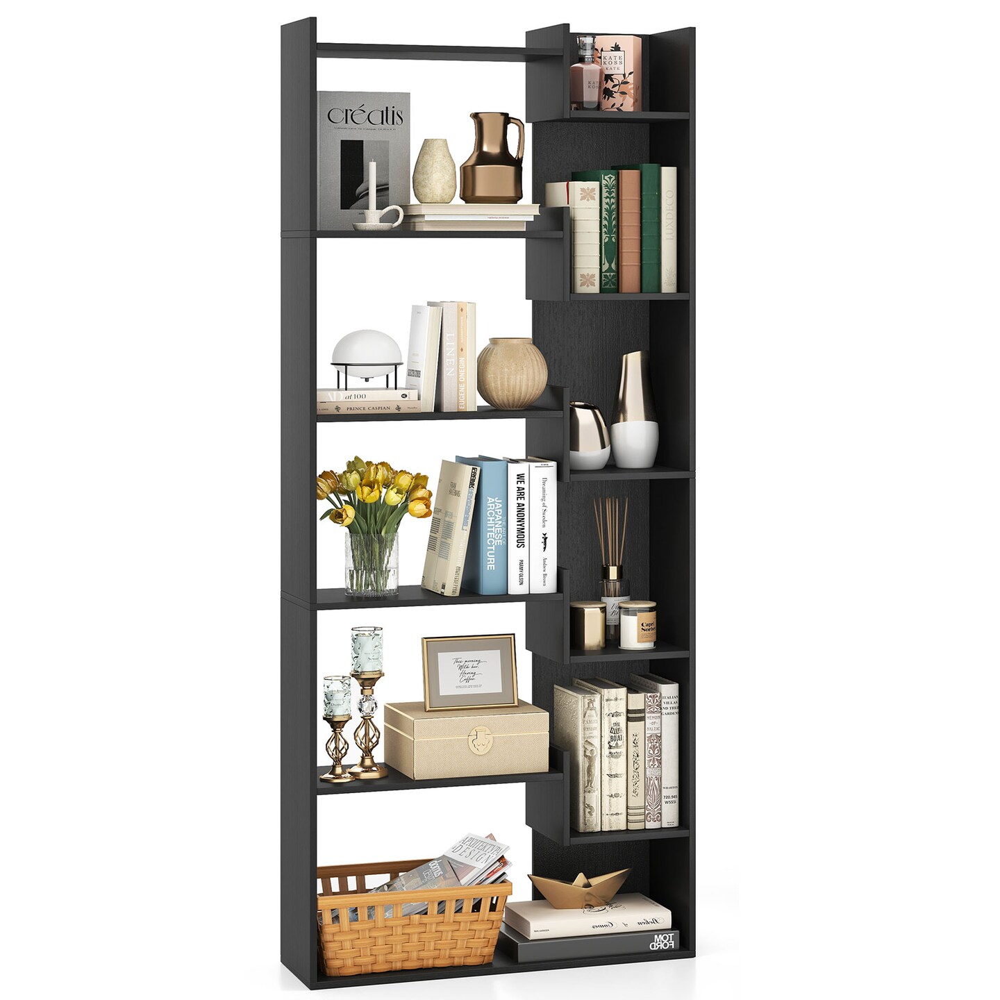 Wooden 6-Tier Bookshelf with Wall Anchor Kit and Open Shelves for Living Room